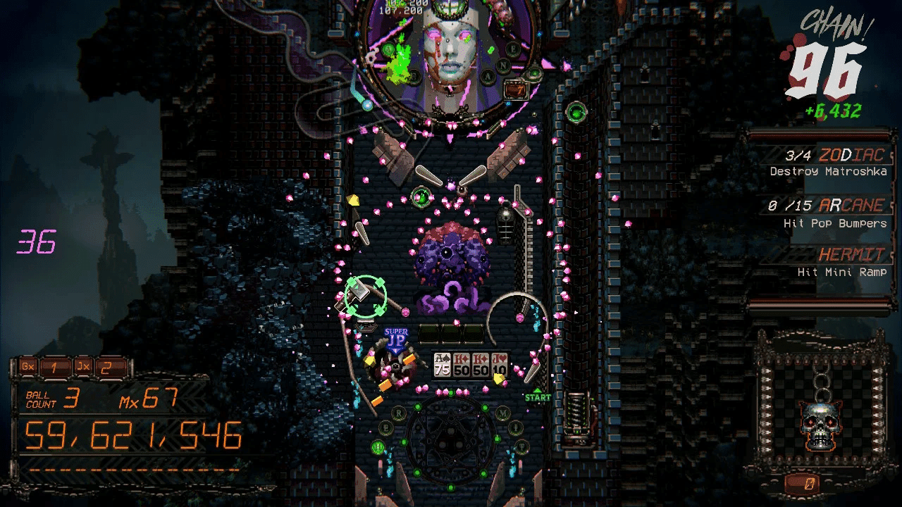 Sci-fi pinball game with glowing targets, colorful orbs, and digital interface