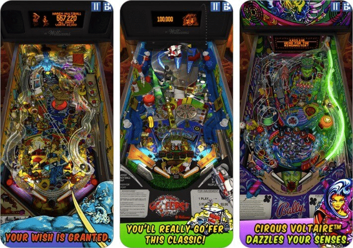 Three colorful digital pinball machine screens with unique themed designs