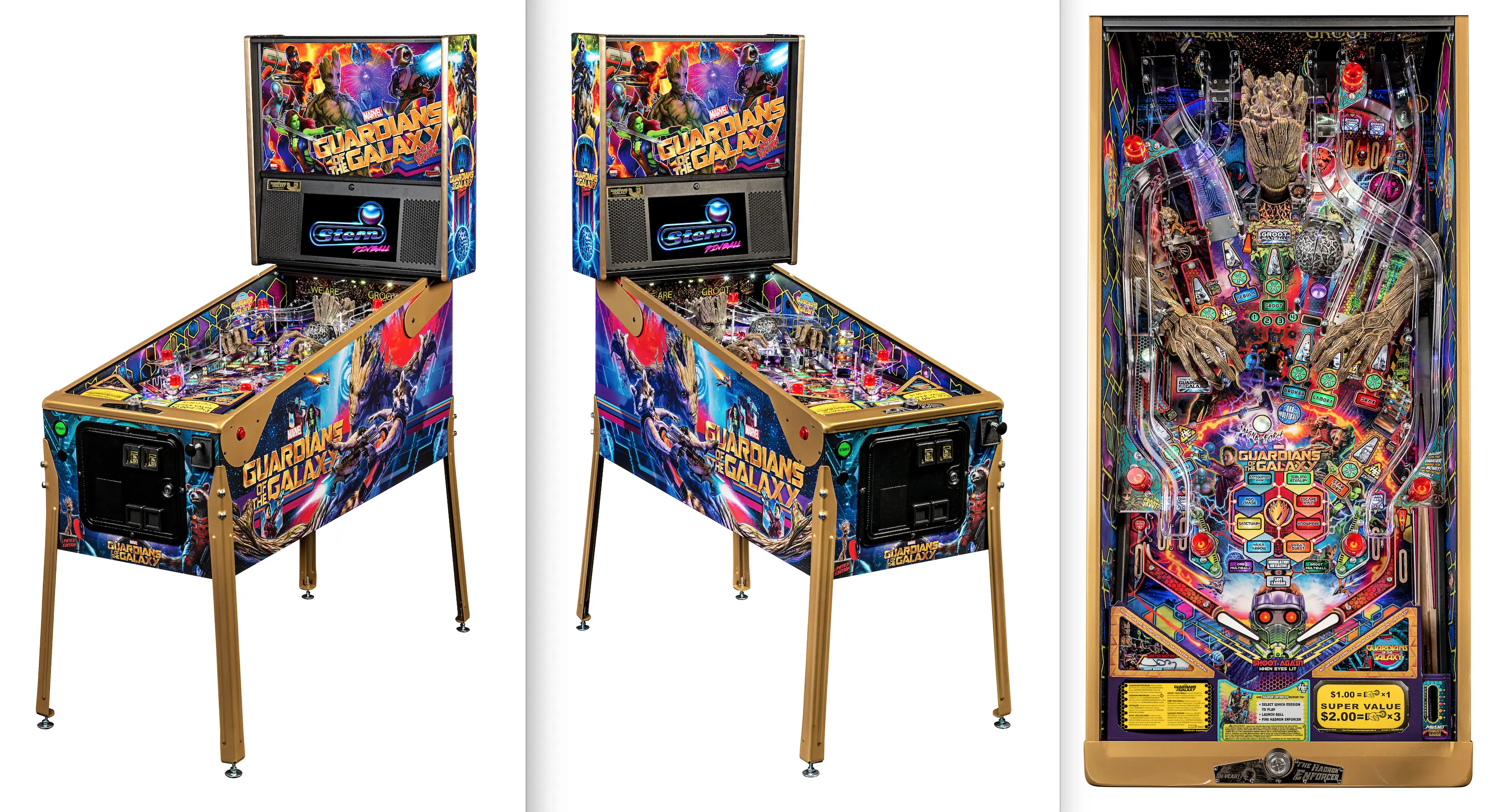 Guardians of the Galaxy themed pinball machine with colorful artwork