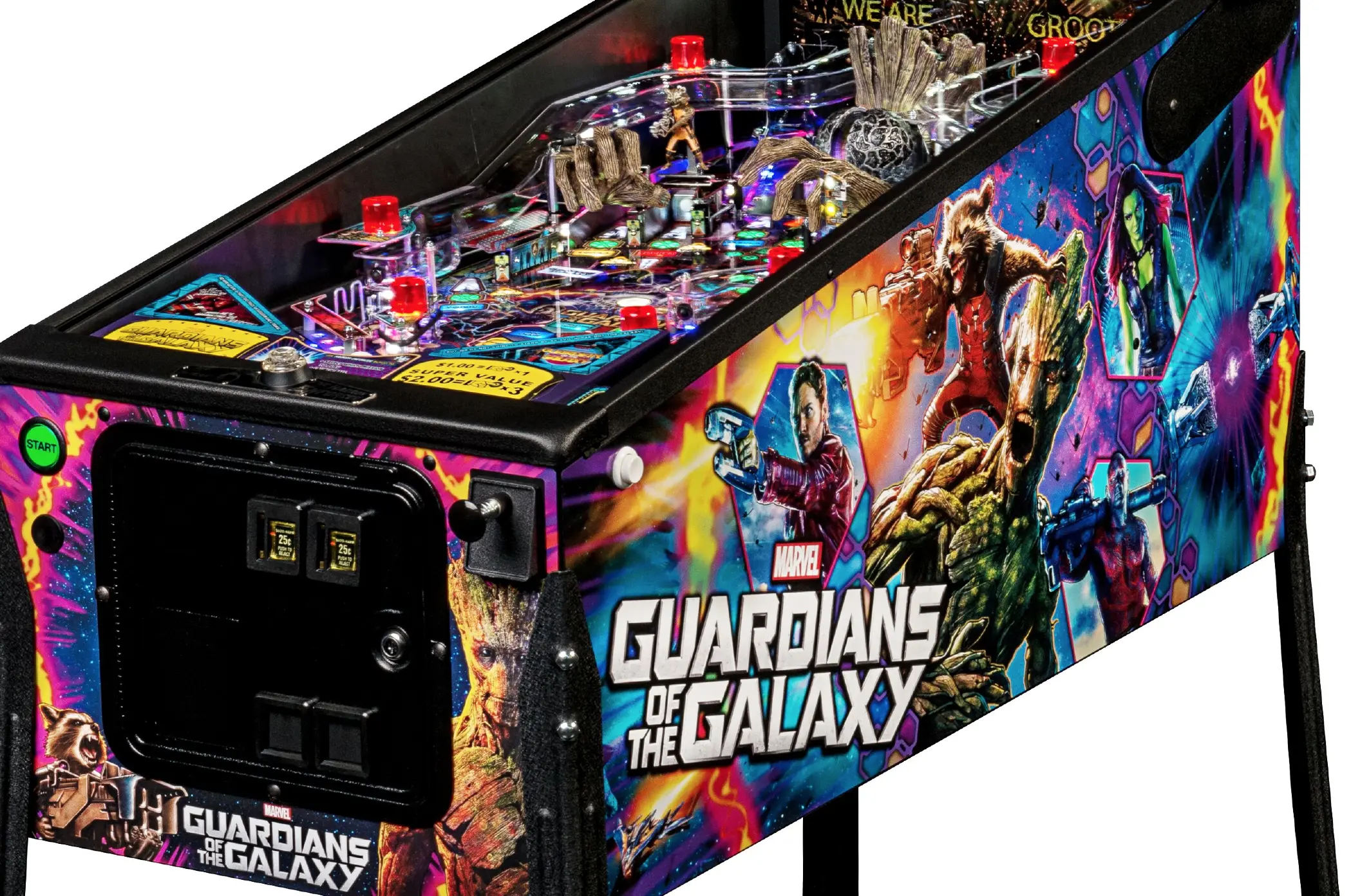 Guardians of the Galaxy pinball machine with colorful Marvel characters