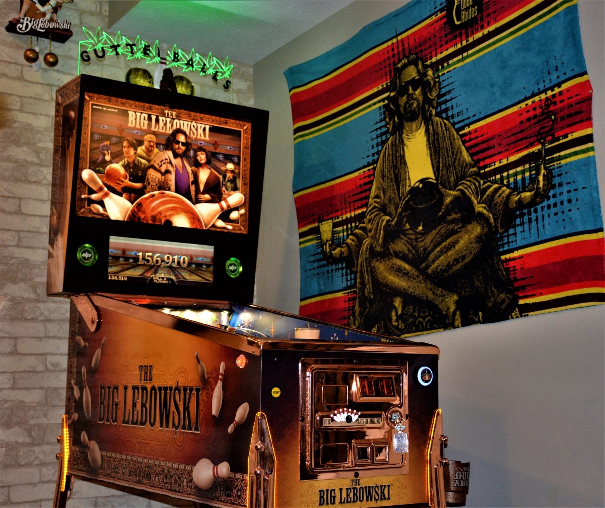 The Big Lebowski pinball machine with movie poster and character artwork