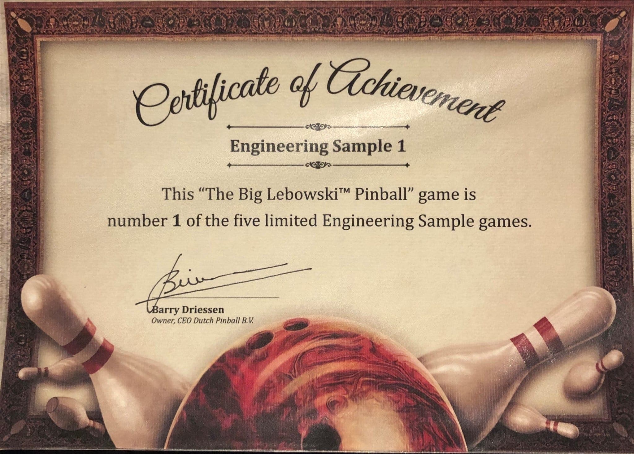 Certificate of Achievement for The Big Lebowski Pinball Engineering Sample