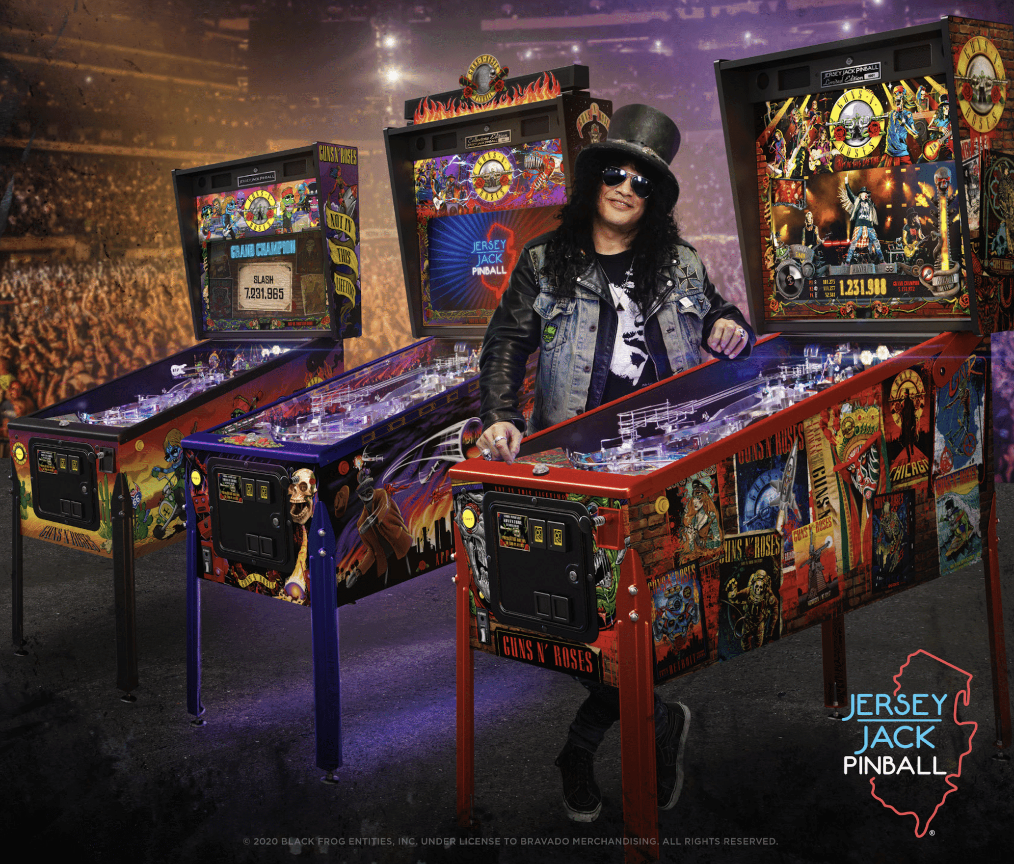 Guns N' Roses themed pinball machines with rock musician in leather jacket