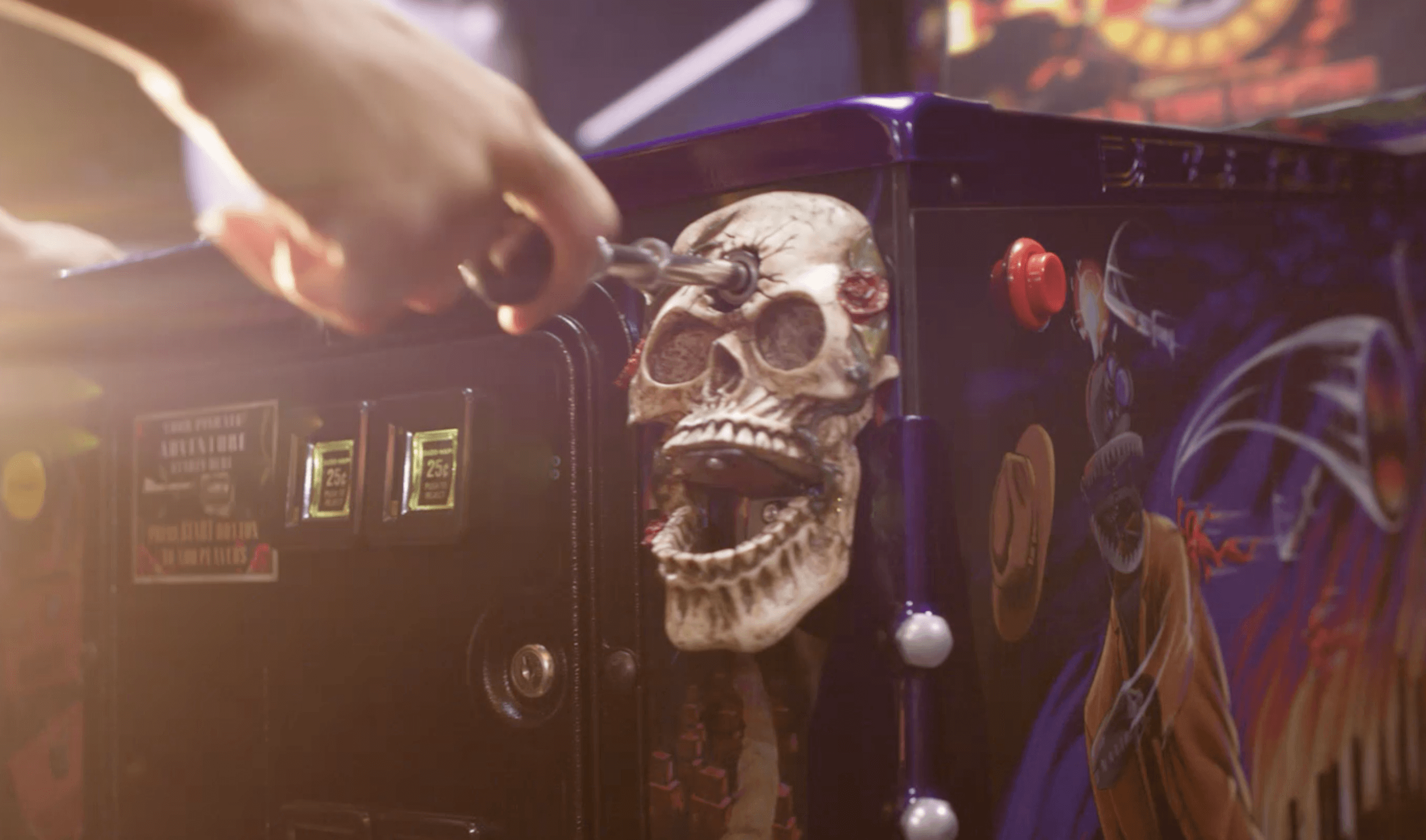 Spooky skull decoration on a vintage arcade machine with buttons