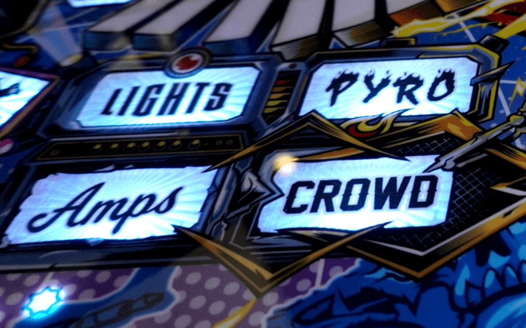 Close-up of illuminated game interface with words Lights, Pyro, Angos, Crowd