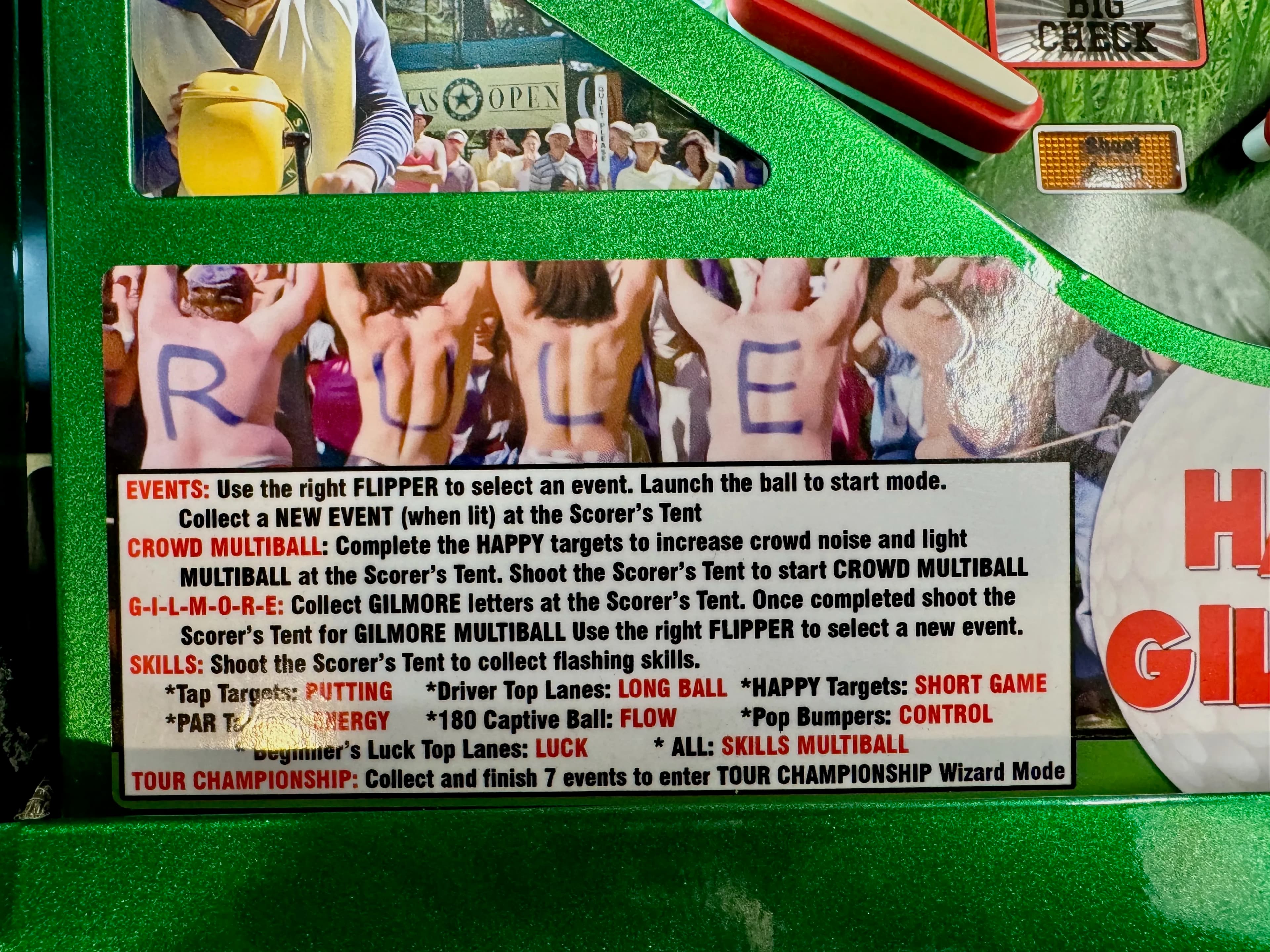 rules card for happy gilmore pinball