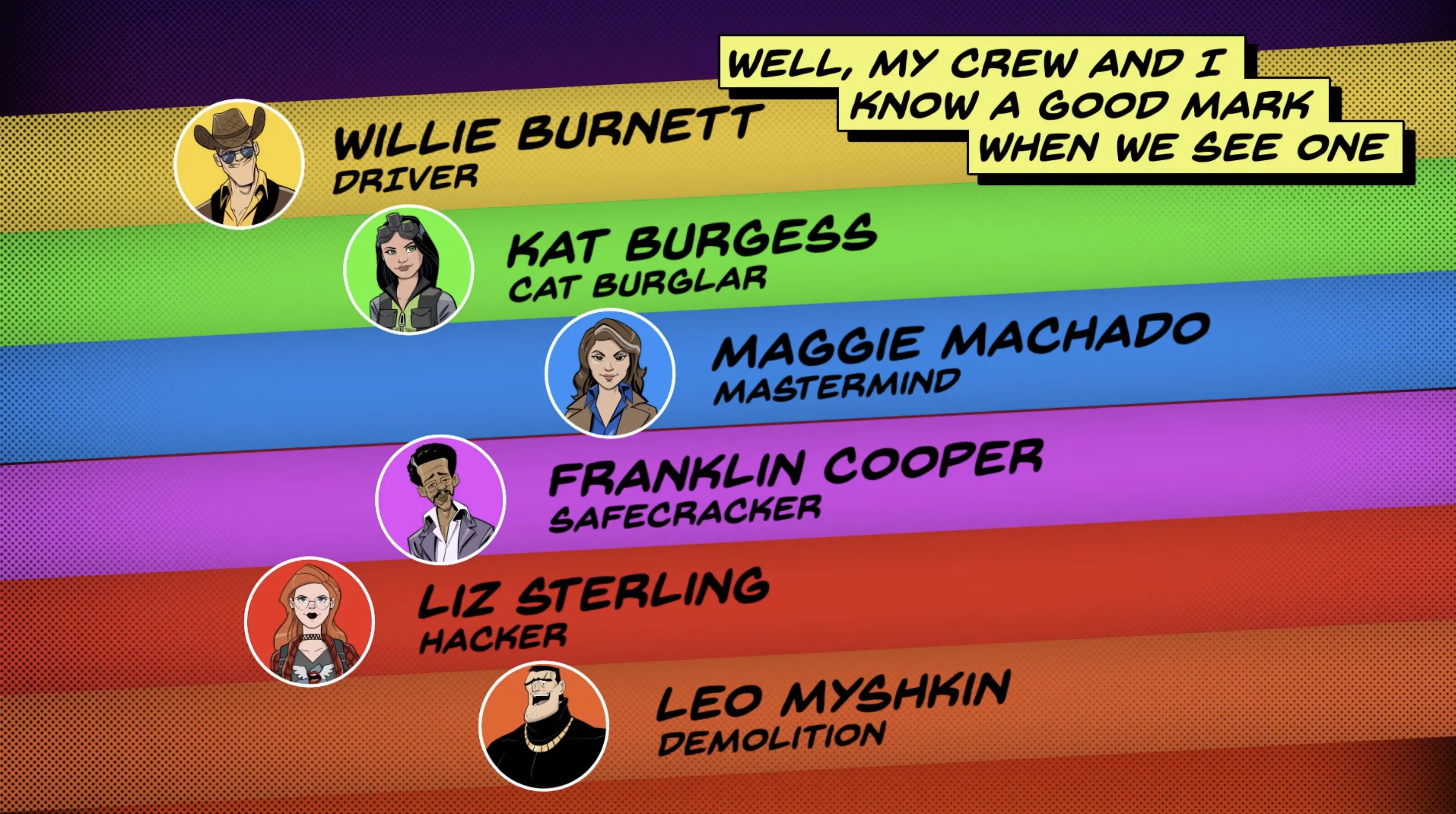 Cartoon character profiles of a heist crew with diverse skills and roles