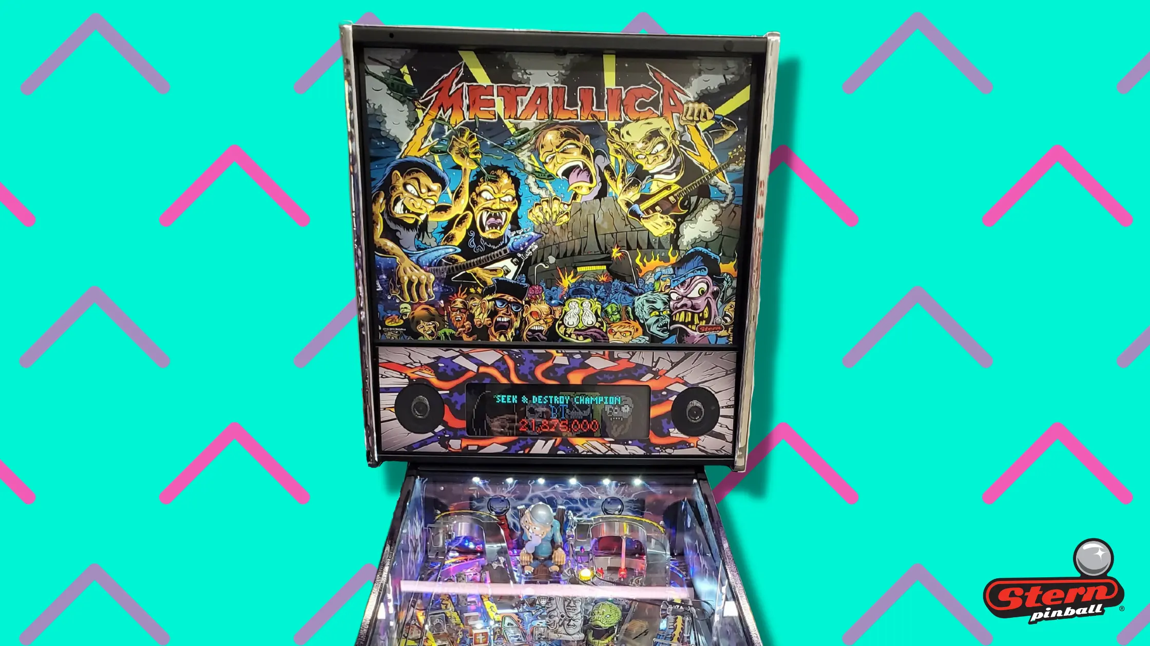 Metallica pinball machine with colorful cartoon band members artwork