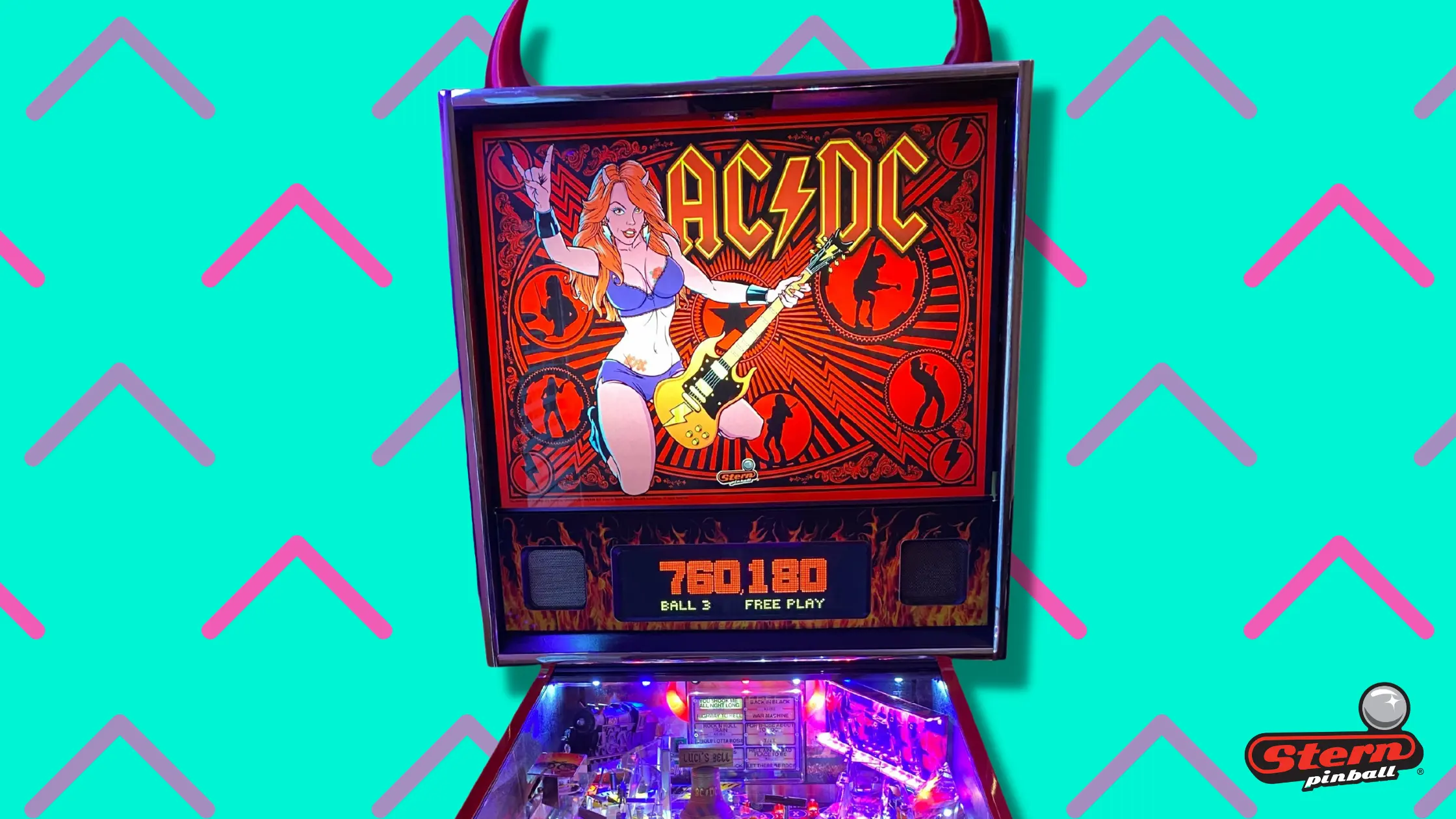 AC/DC pinball machine with rock musician graphic and colorful display