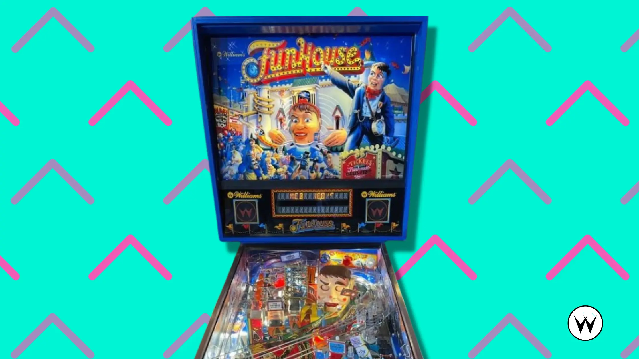 Funhouse pinball machine with colorful playfield and backglass artwork