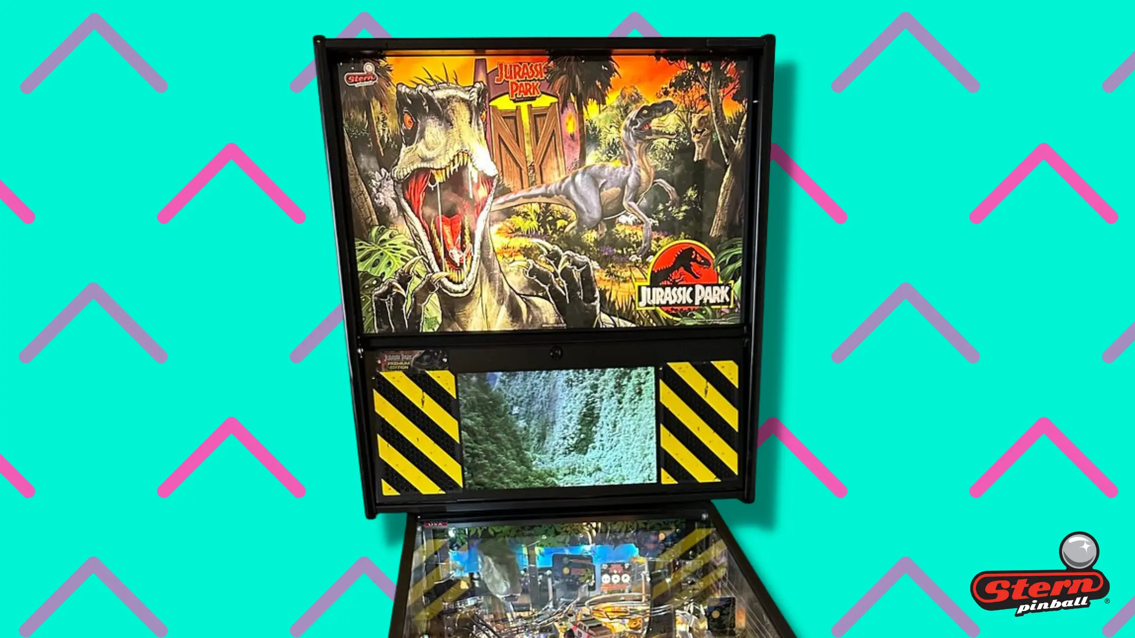 Jurassic Park pinball machine with dinosaurs and forest background