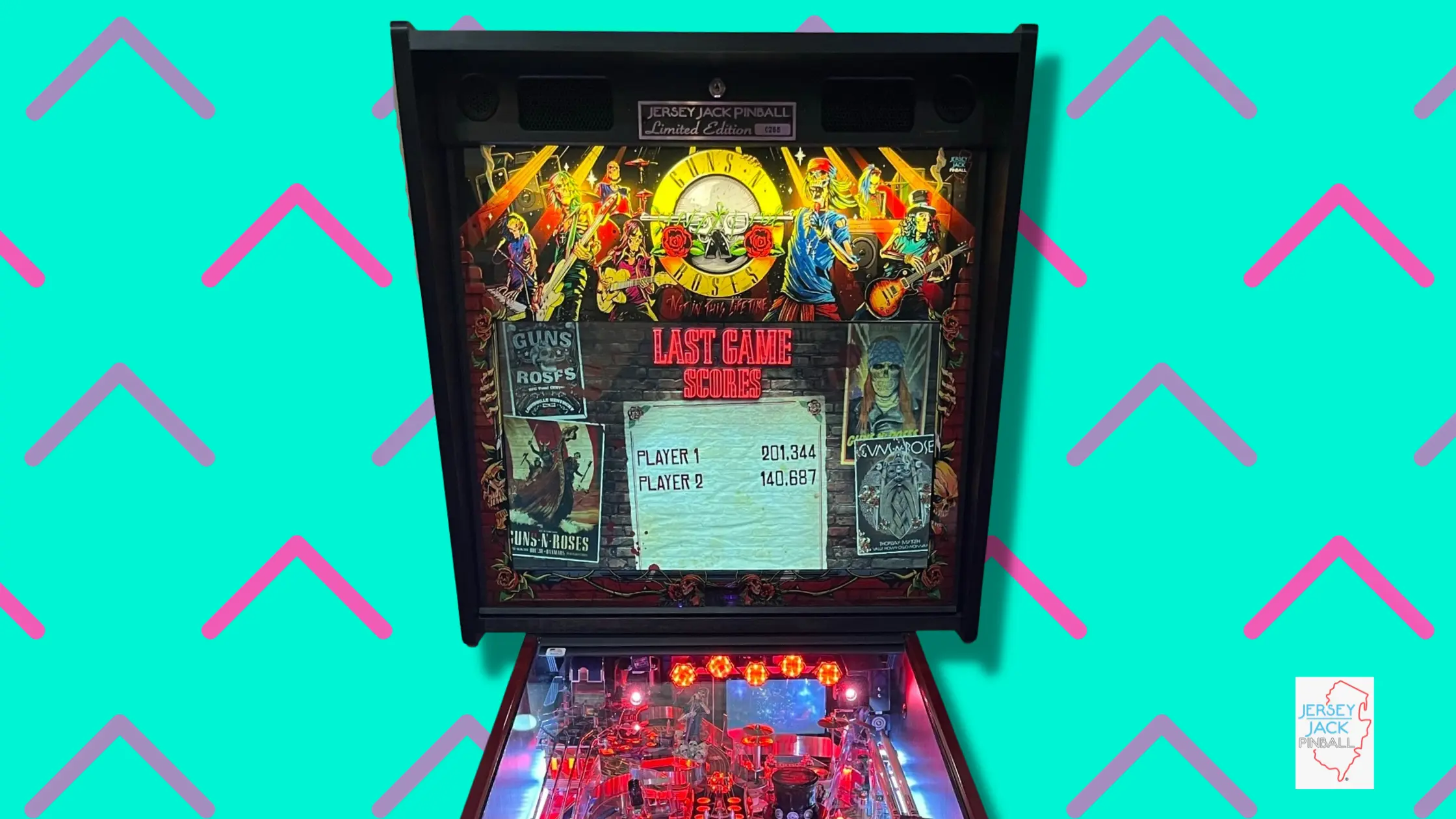 Guns N' Roses themed pinball machine with colorful artwork and score display