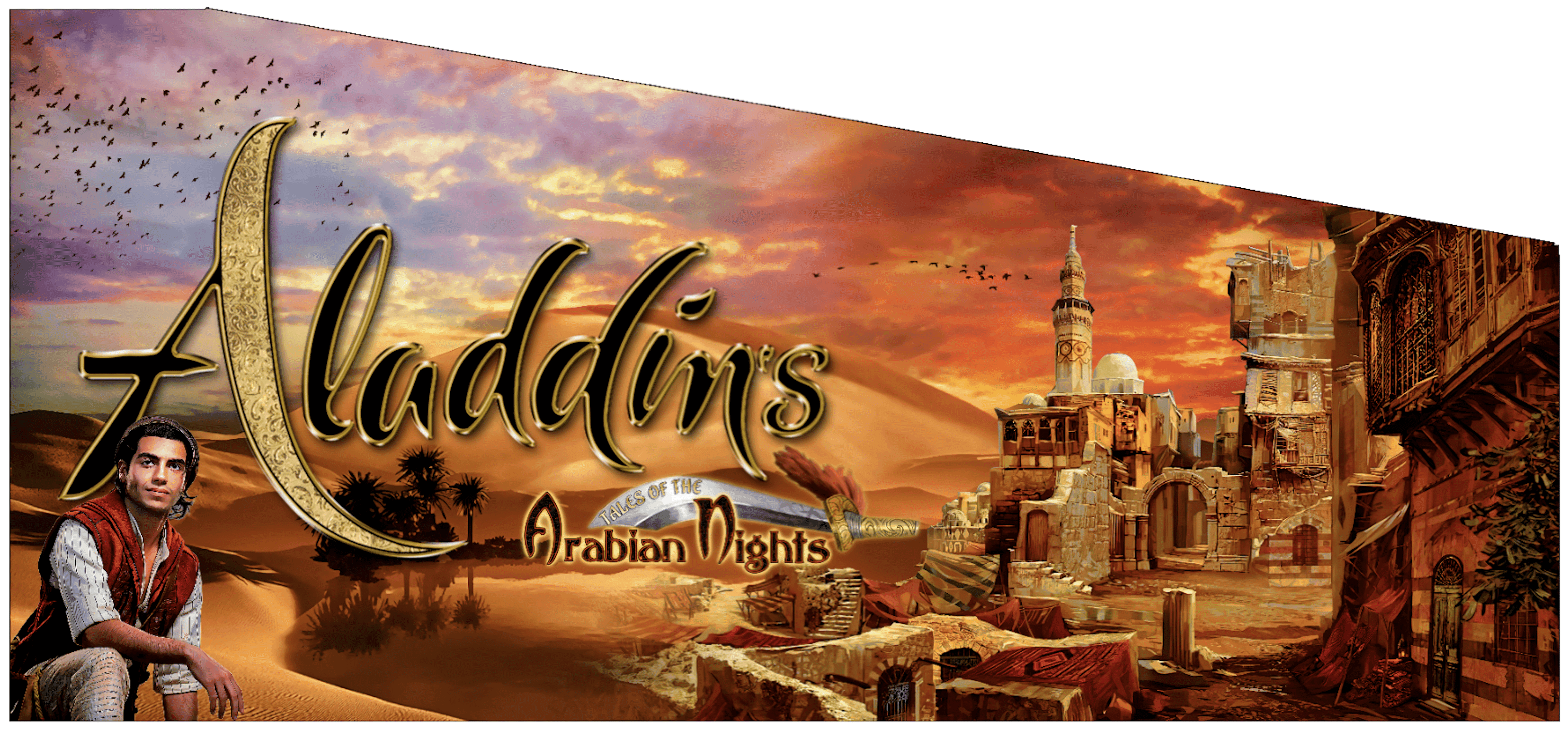 Aladdin's Arabian Nights poster with desert landscape and ancient city