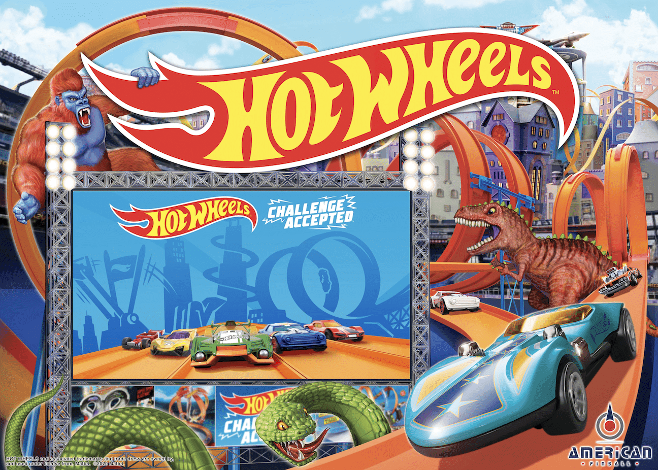 Hot Wheels race track with colorful cars, dinosaurs, and wild obstacles