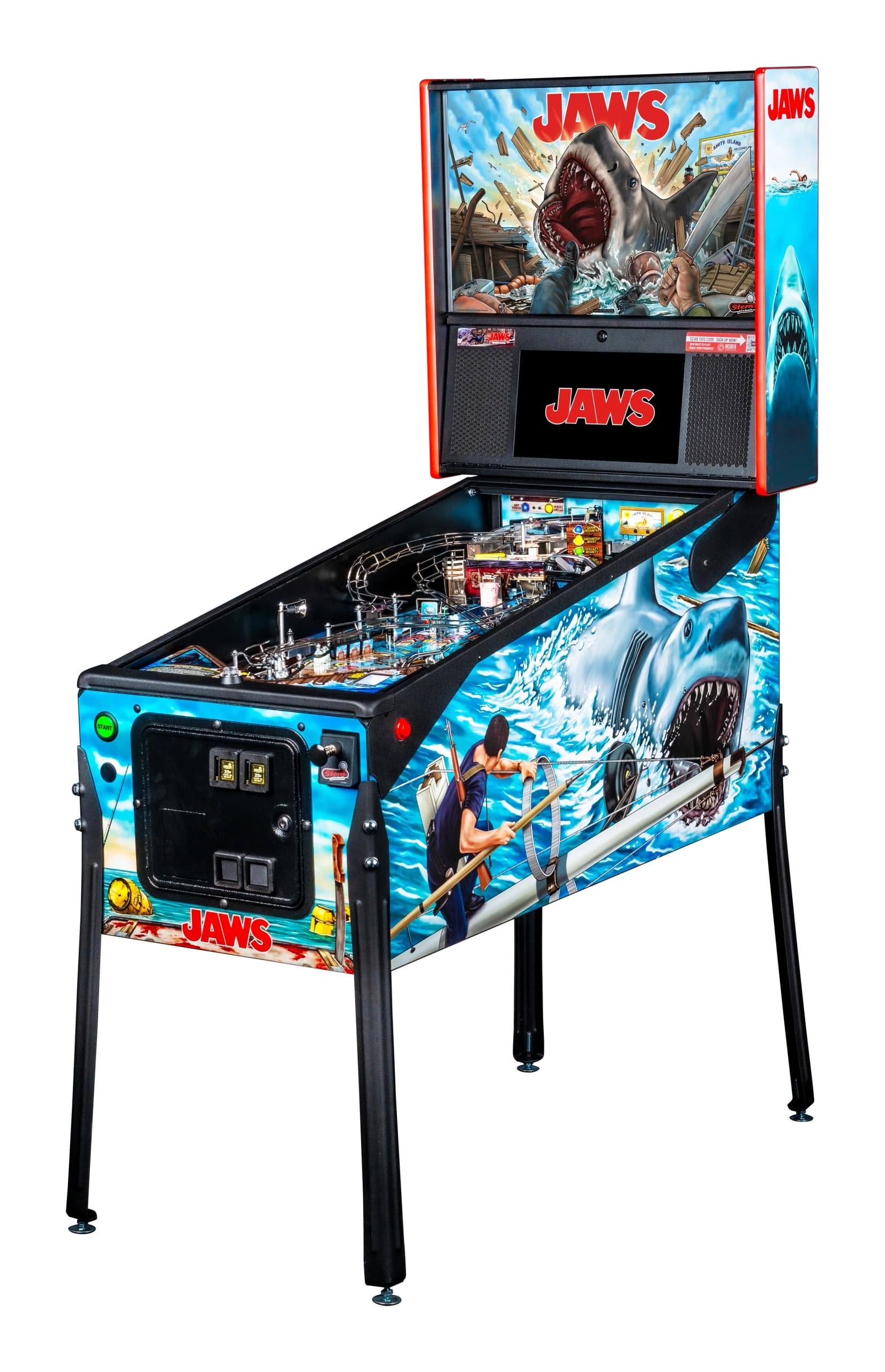 Jaws-themed pinball machine with shark graphic and movie-inspired design