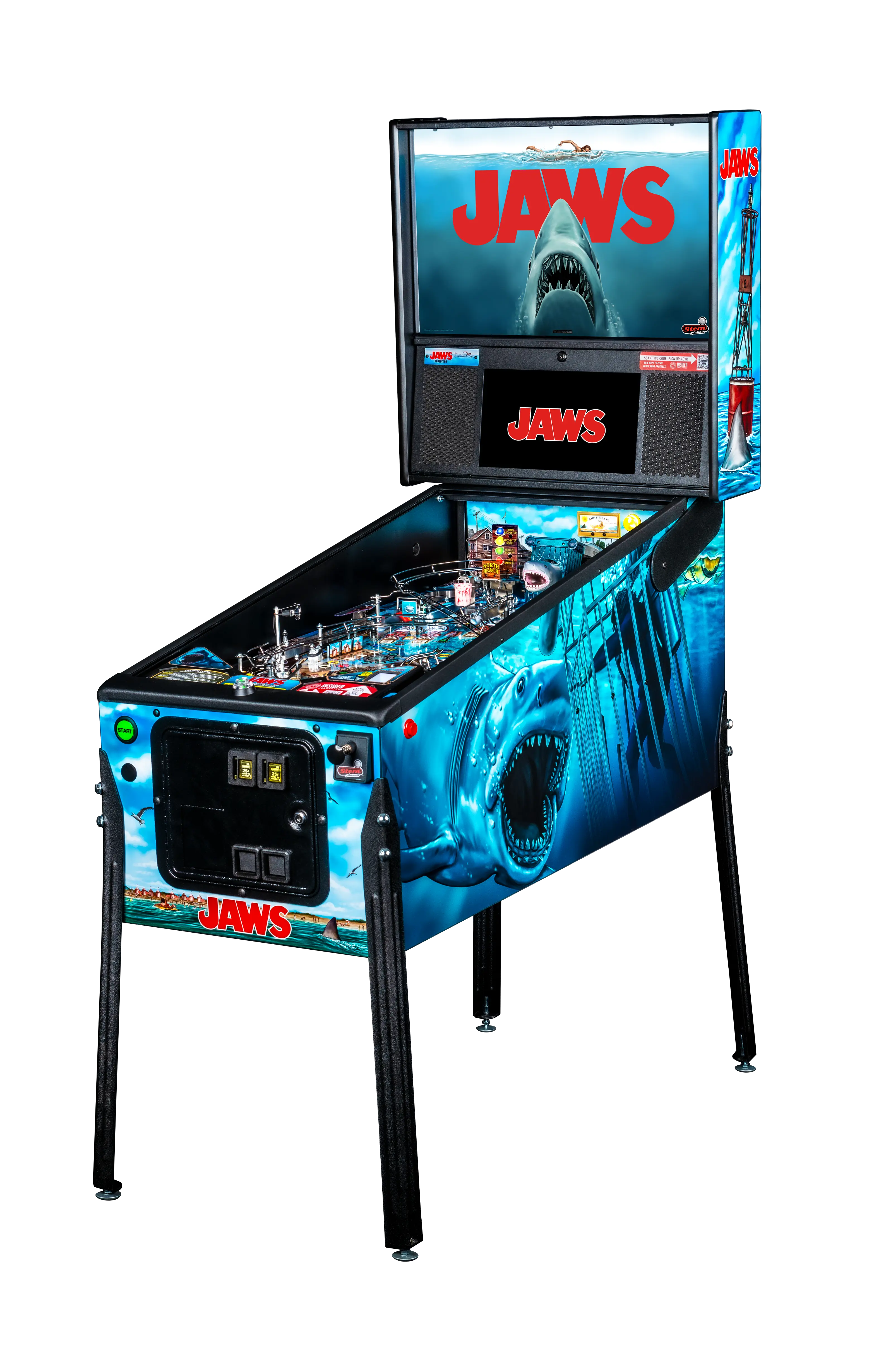 Jaws-themed pinball machine with shark graphics and movie logo