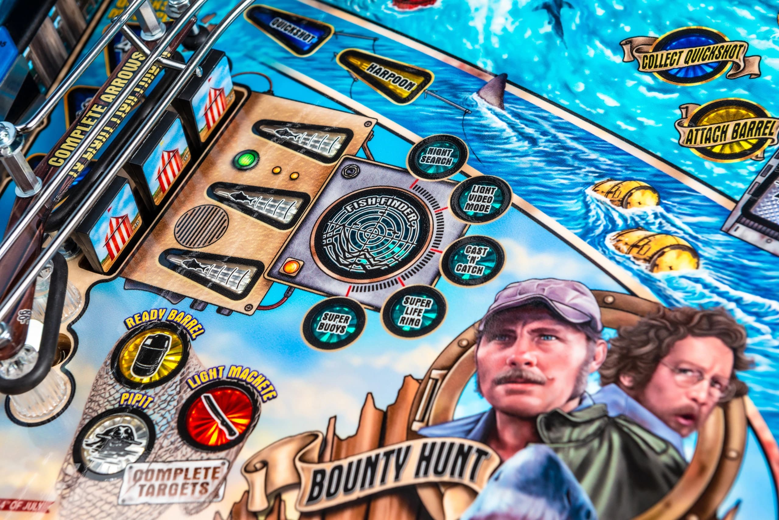 Detailed pinball machine playfield with marine hunting theme and game controls