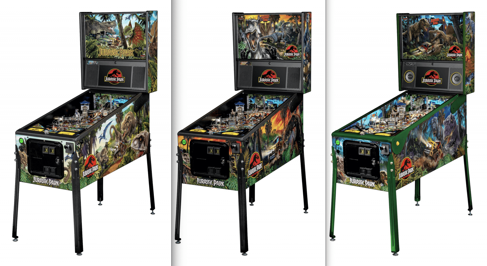Jurassic Park themed pinball machine with dinosaurs and detailed game art