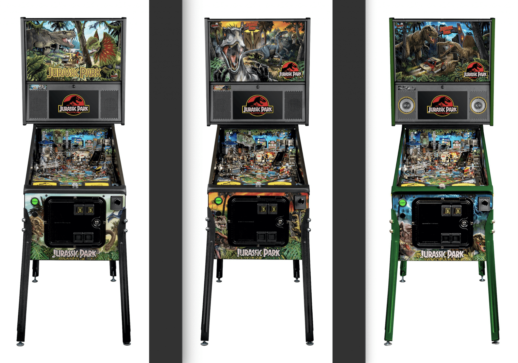 Three Jurassic Park pinball machines with dinosaur-themed artwork and playfields