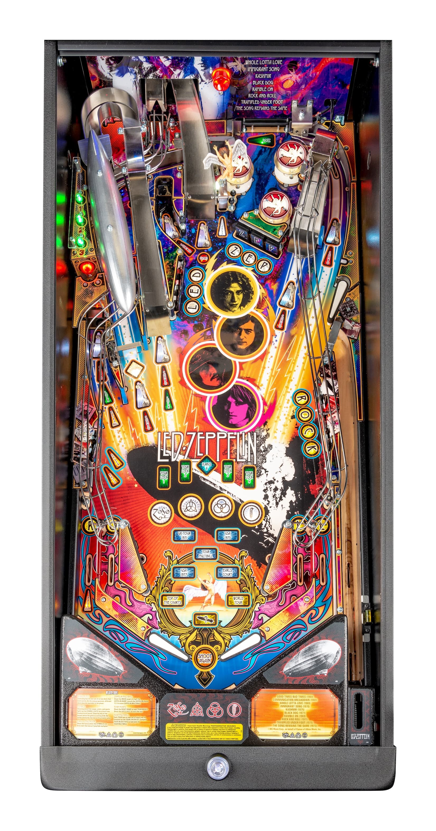 Led Zeppelin themed pinball machine with colorful design and band members' portraits