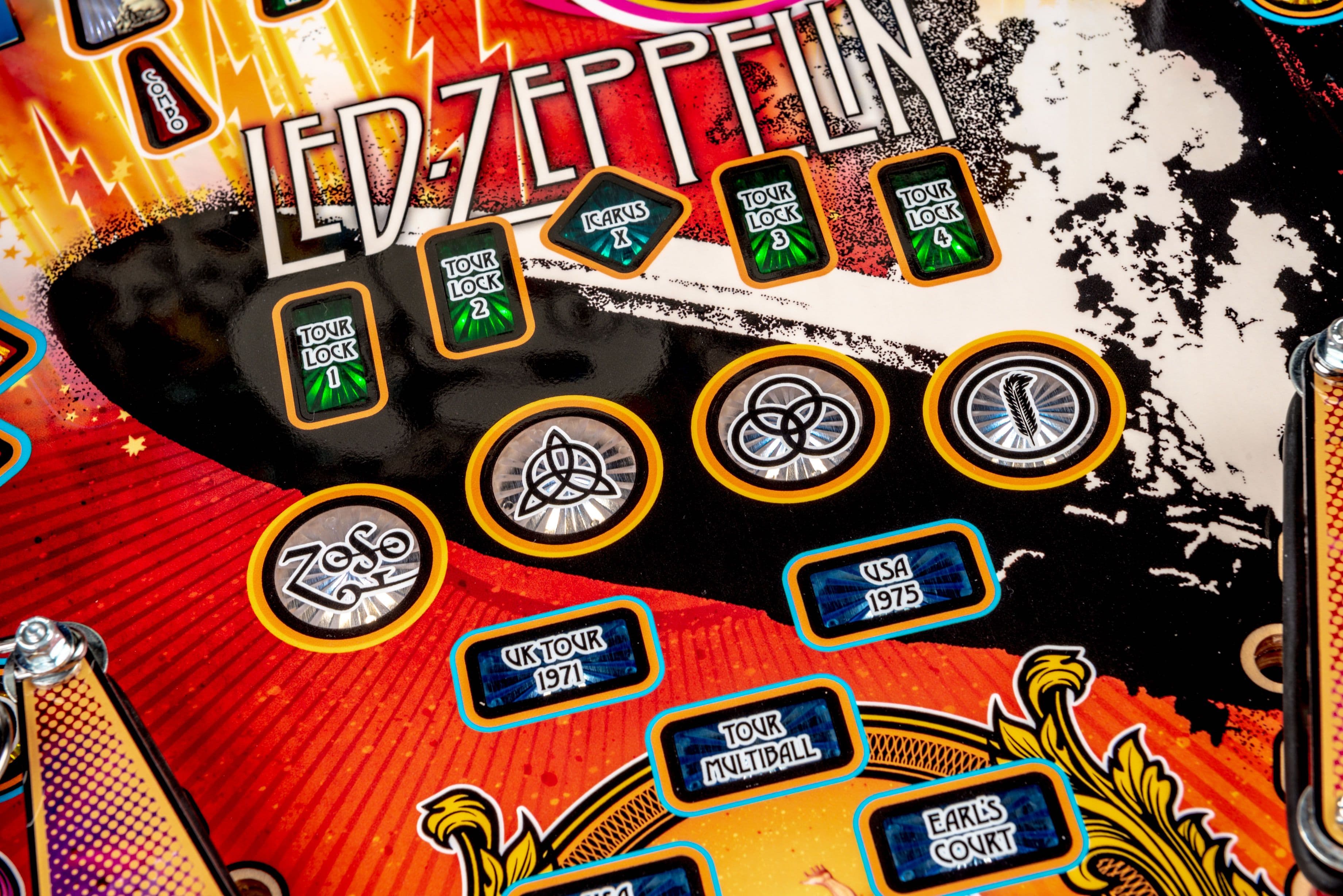 Led Zeppelin pinball machine with tour dates and band symbols