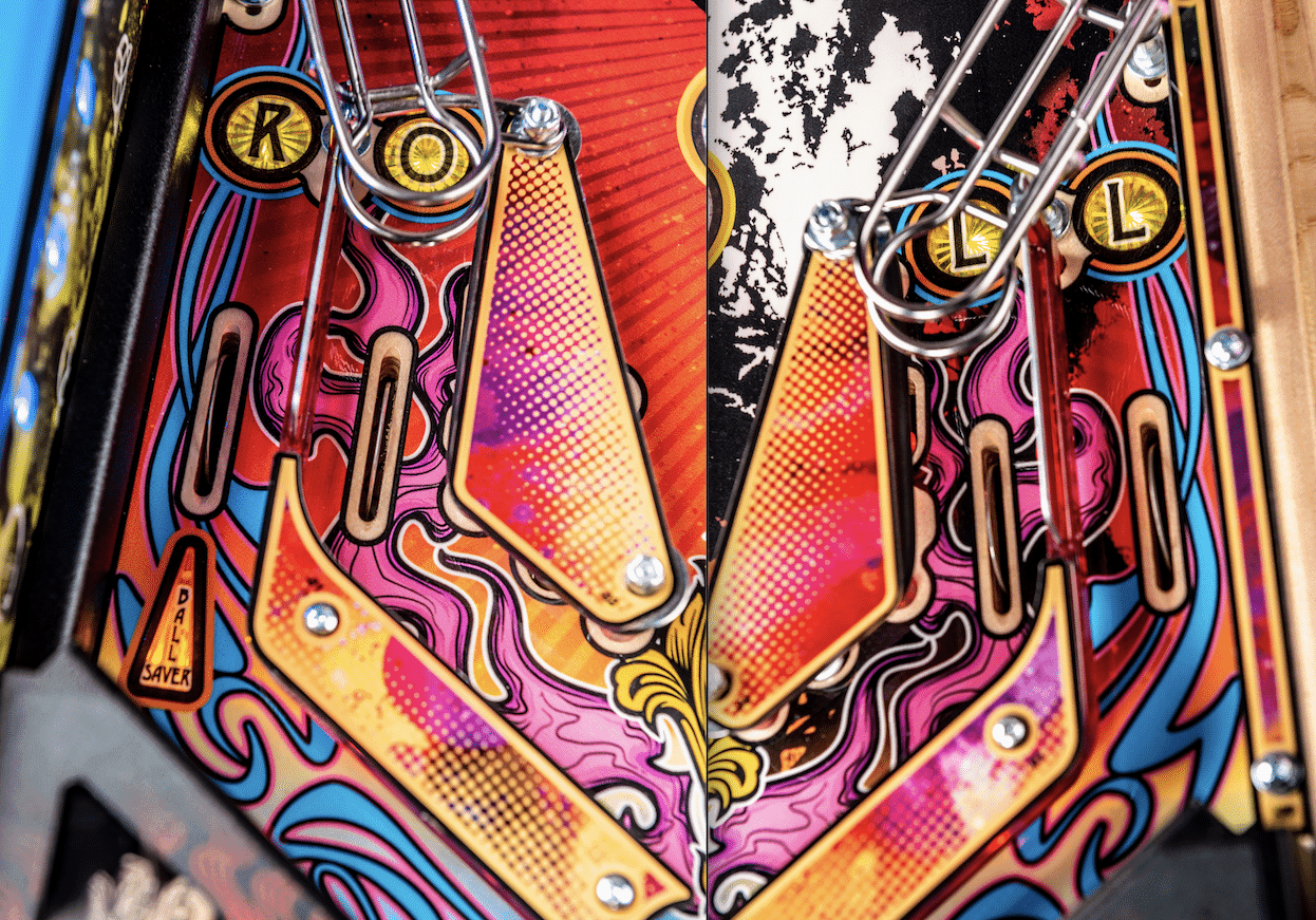 Colorful pinball machine side panel with vibrant design and metallic elements