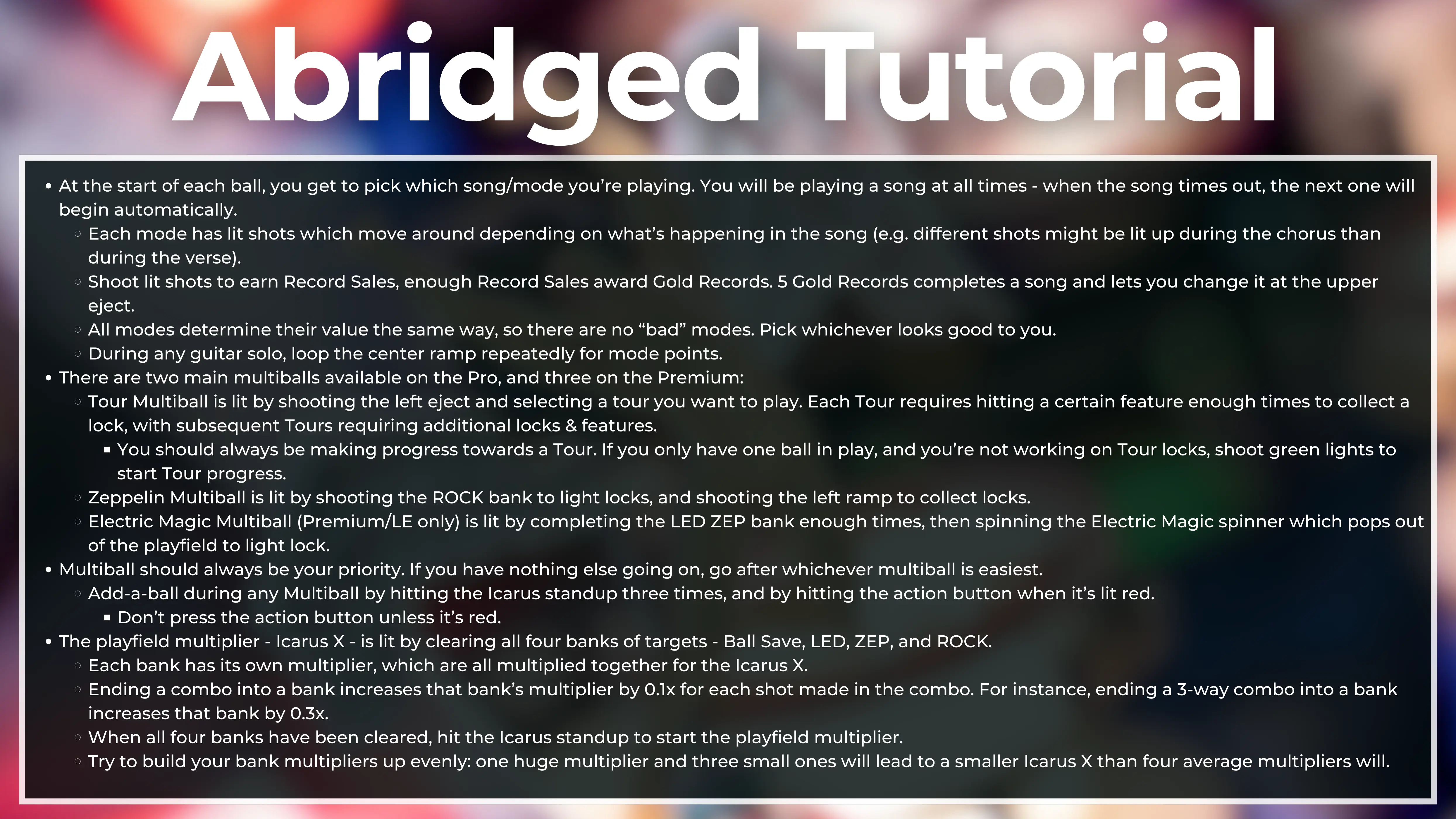 Abridged tutorial explaining gameplay mechanics for a pinball machine