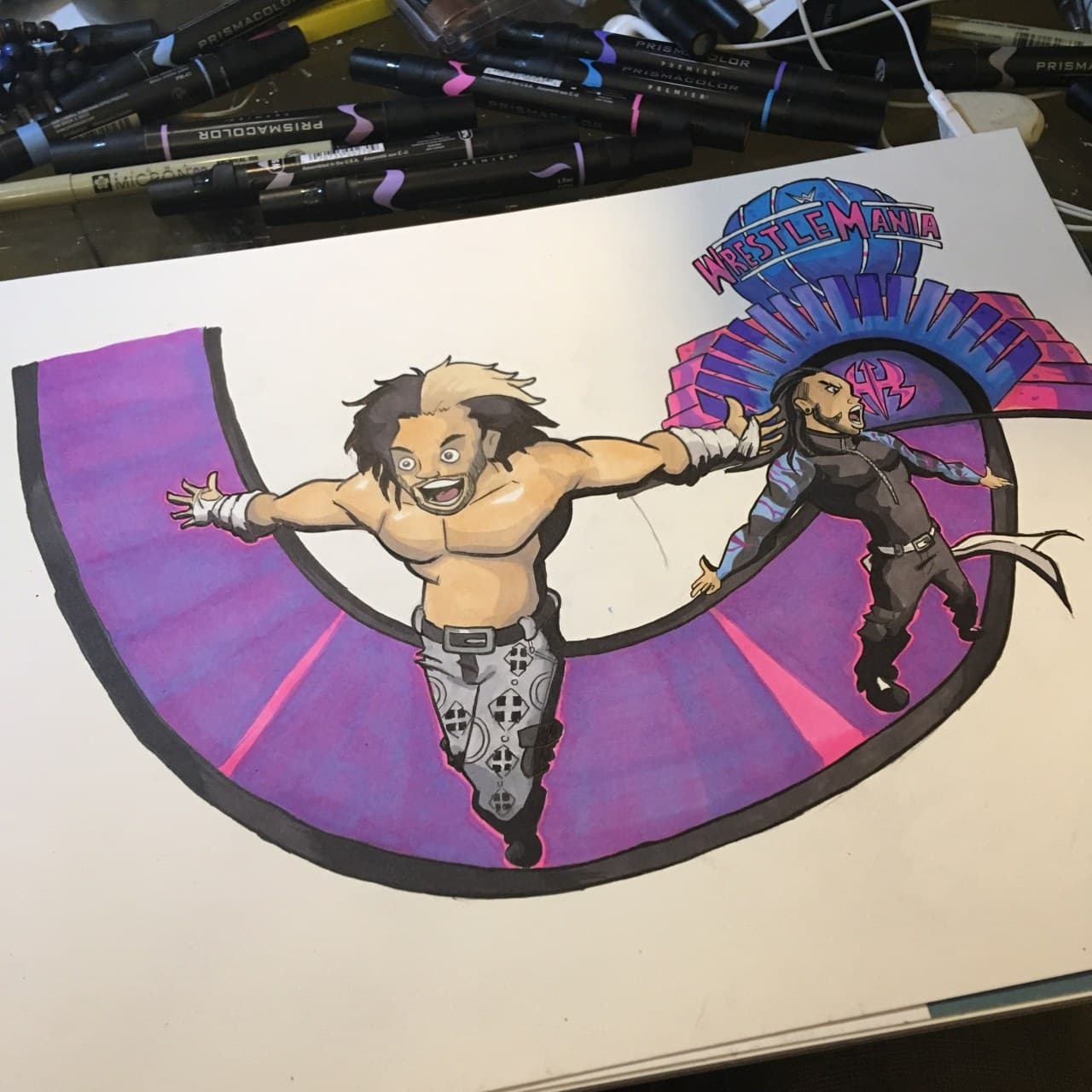 Wrestlers posed dramatically on curved purple background with WrestleMania logo