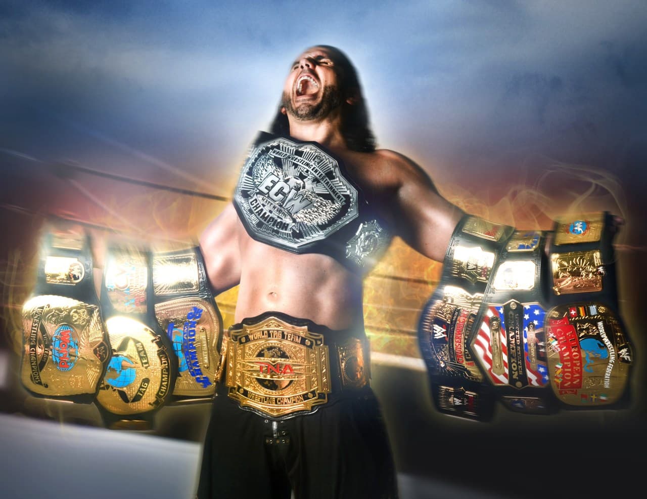 Wrestler celebrating with multiple championship belts against dramatic sky