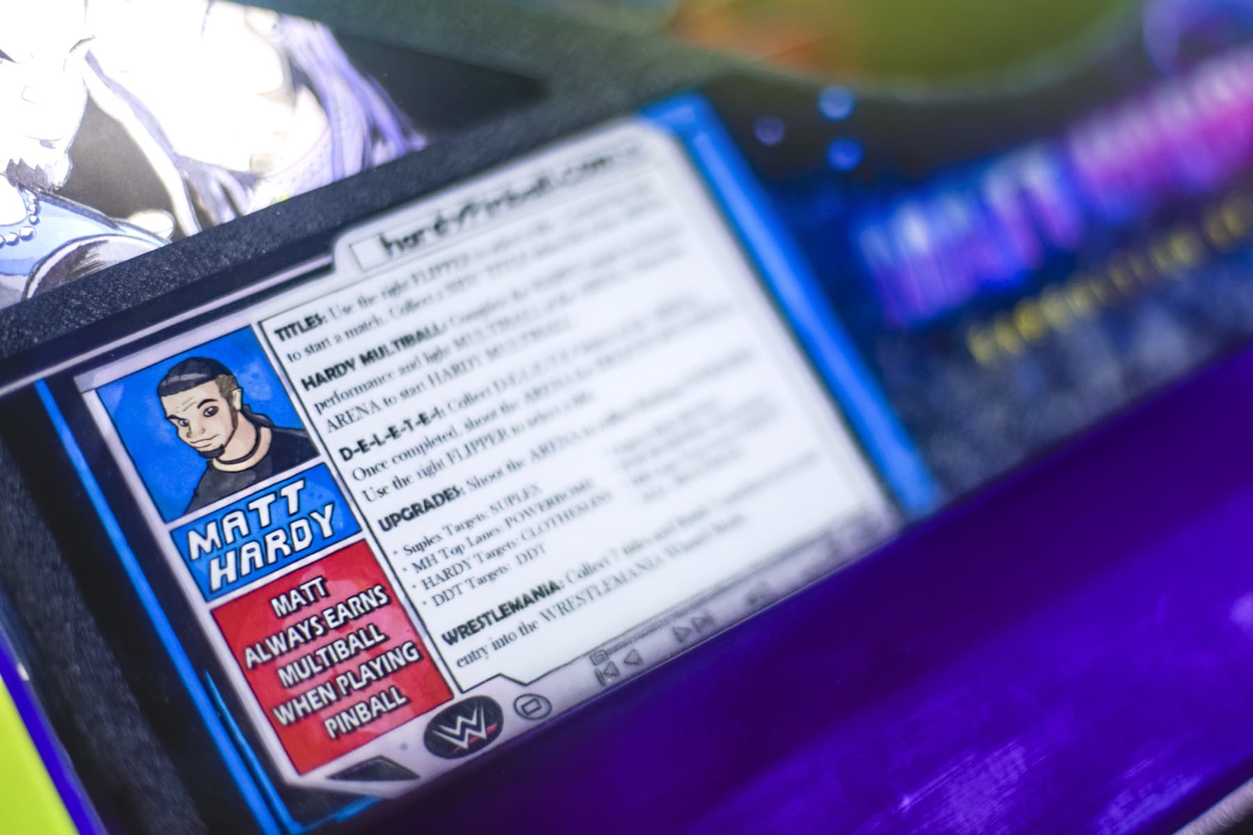 Matt Hardy wrestling game card with cartoon portrait and stats