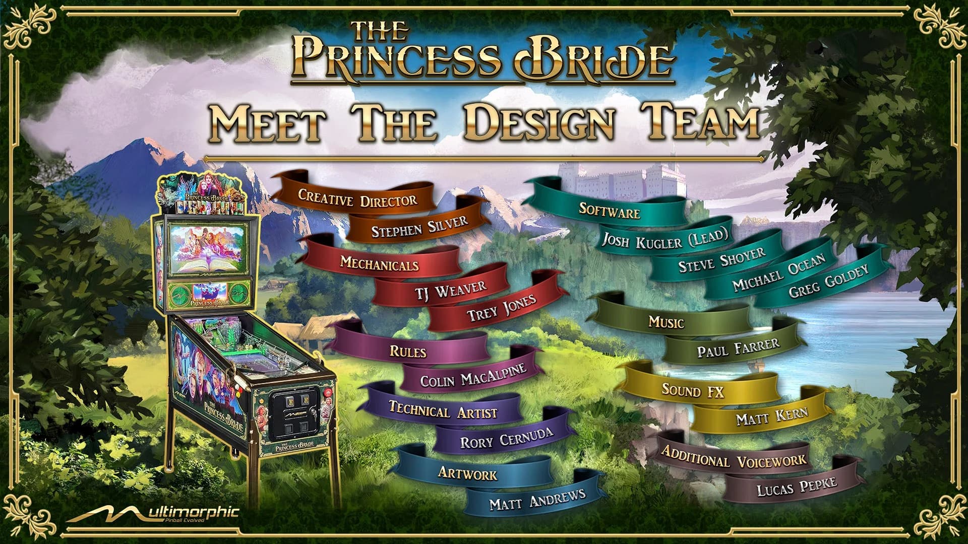 Princess Bride pinball machine with design team credits on colorful ribbons