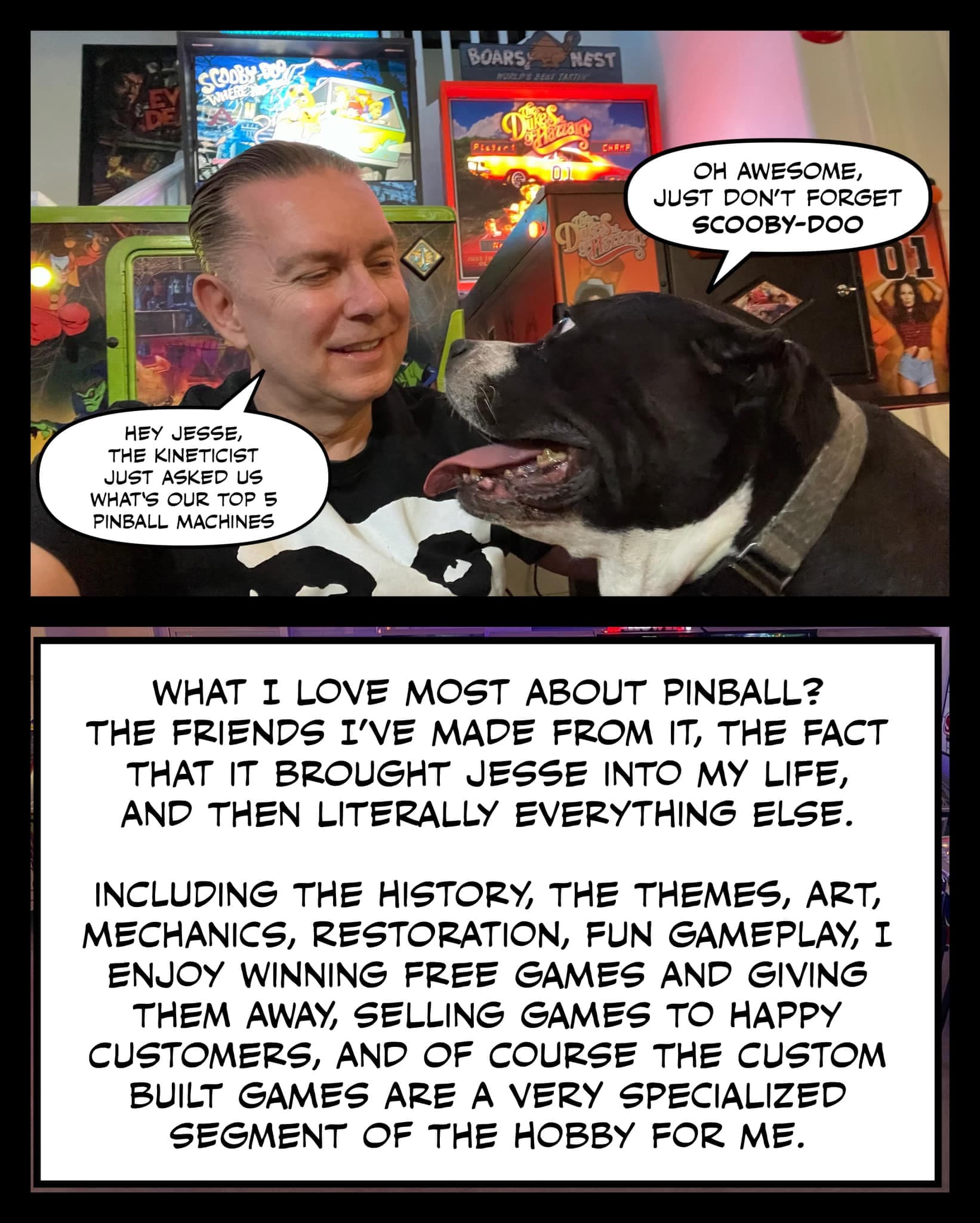 Smiling man and dog discussing pinball machines in front of arcade games