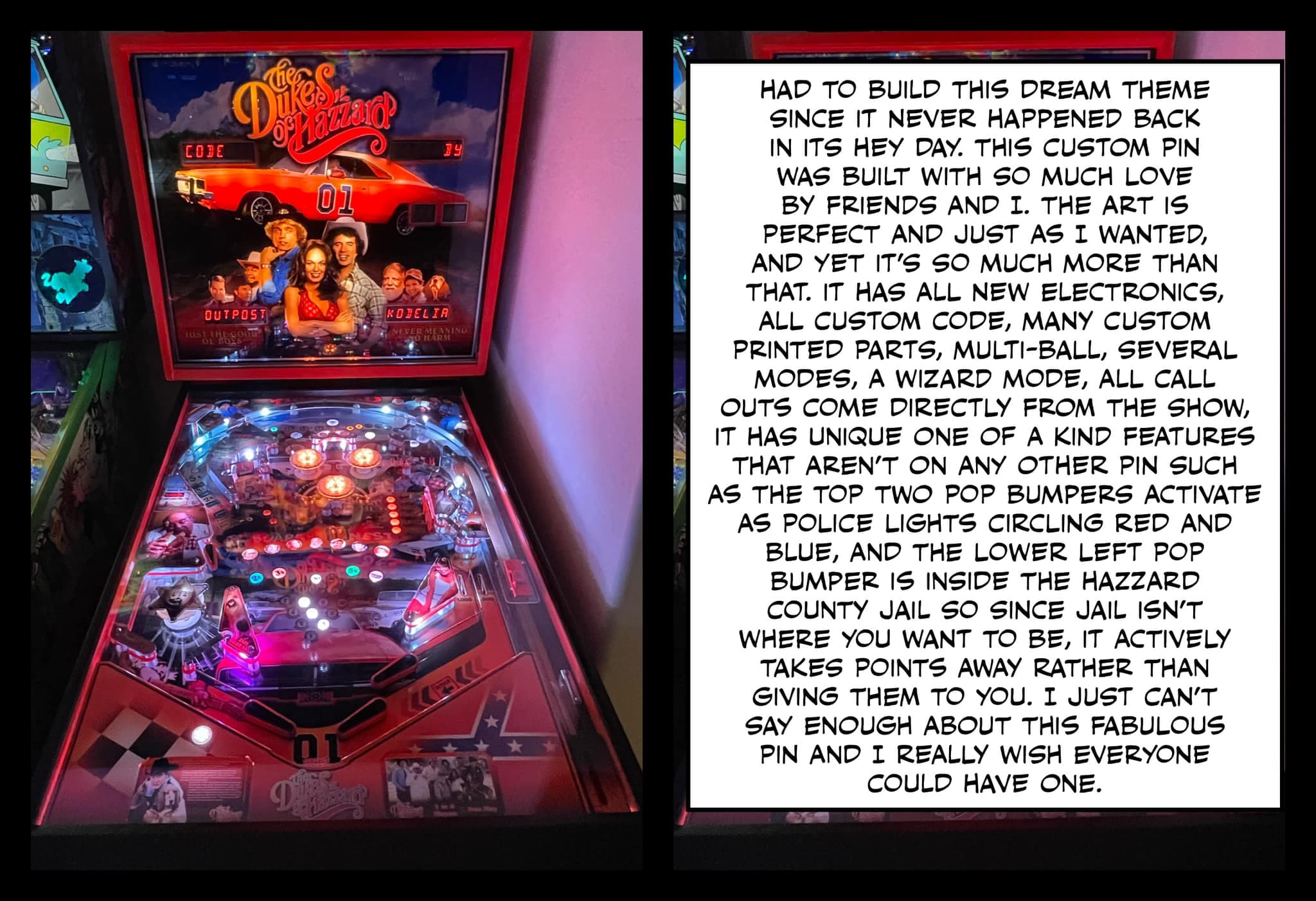 Dukes of Hazzard themed pinball machine with illuminated playfield and car