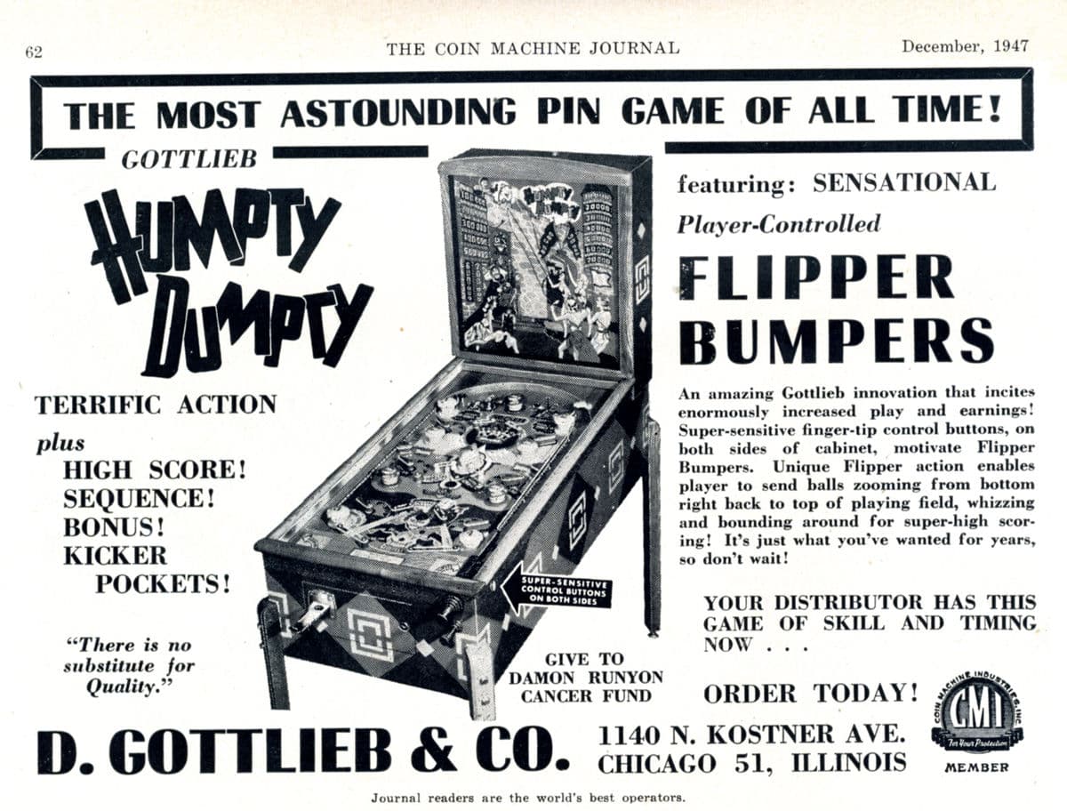 Vintage 1947 Gottlieb Humpty Dumpty pinball machine advertisement