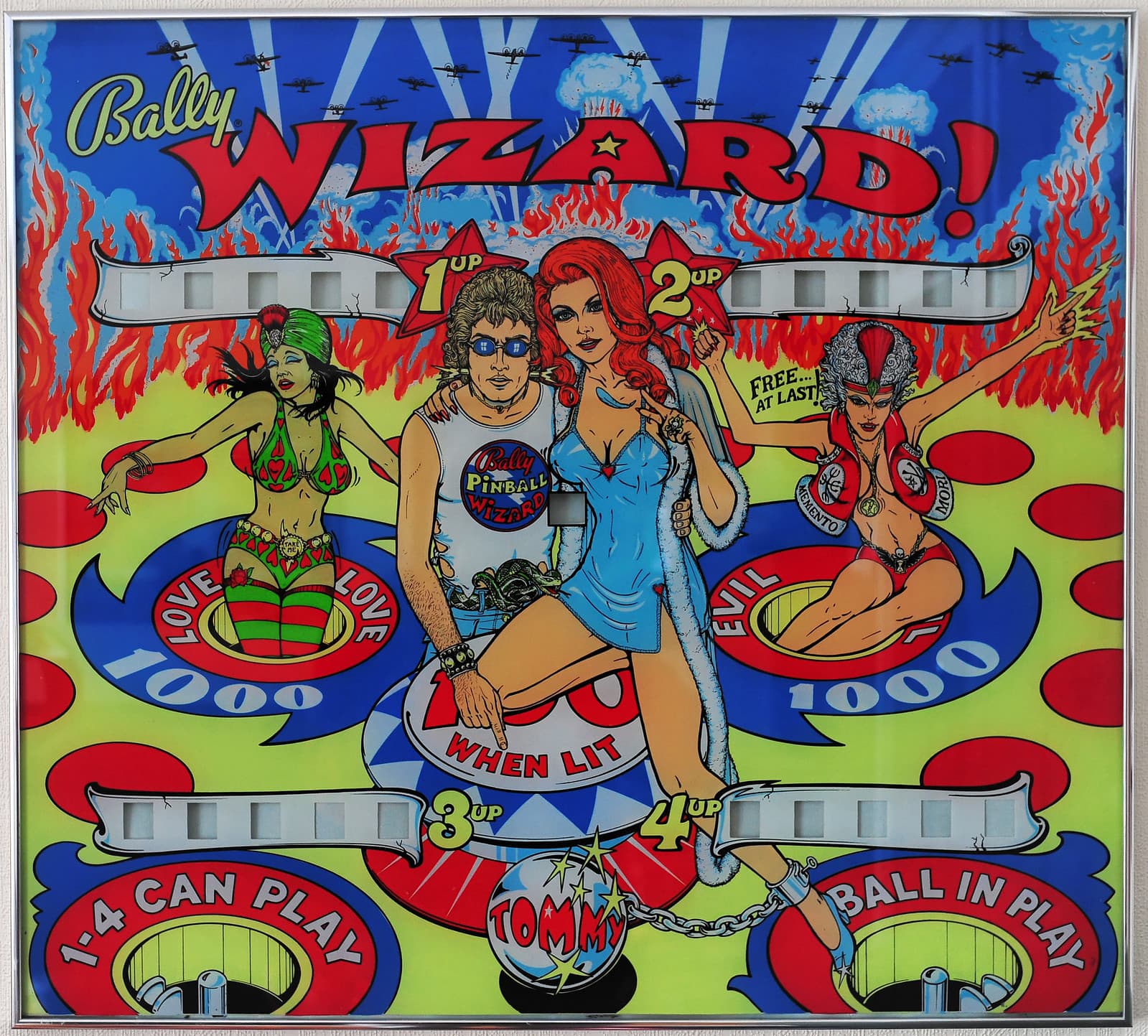 Vintage Bally Wizard pinball machine backglass with colorful characters