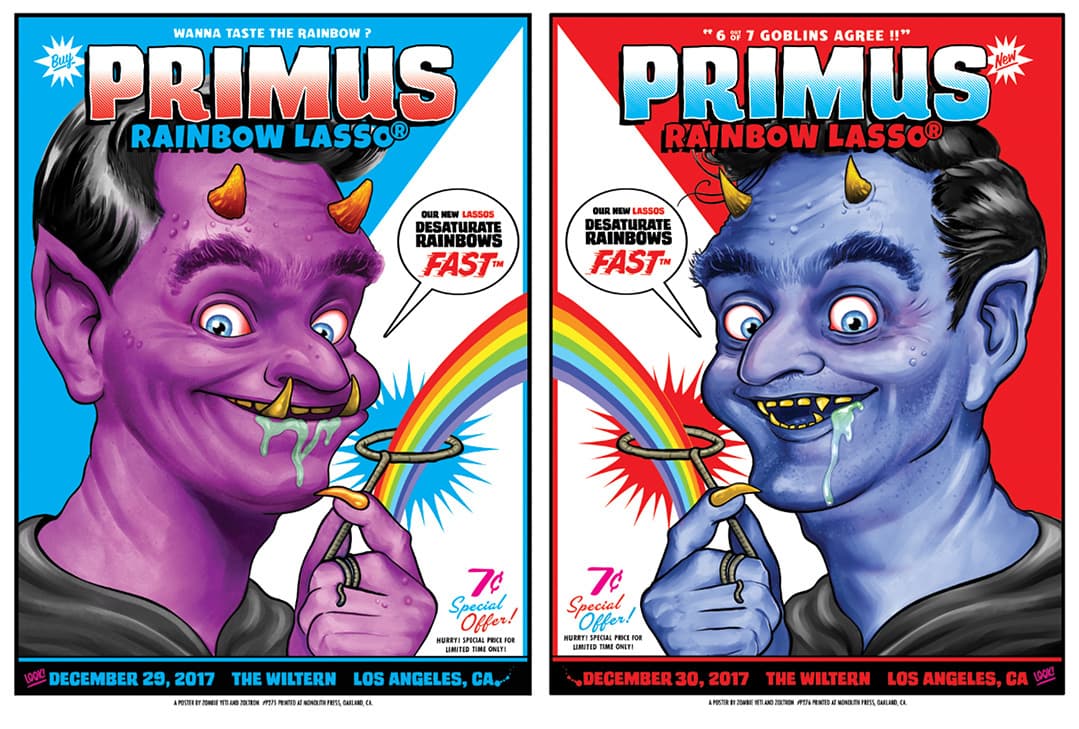 Colorful Primus concert posters with rainbow-themed cartoon goblin characters