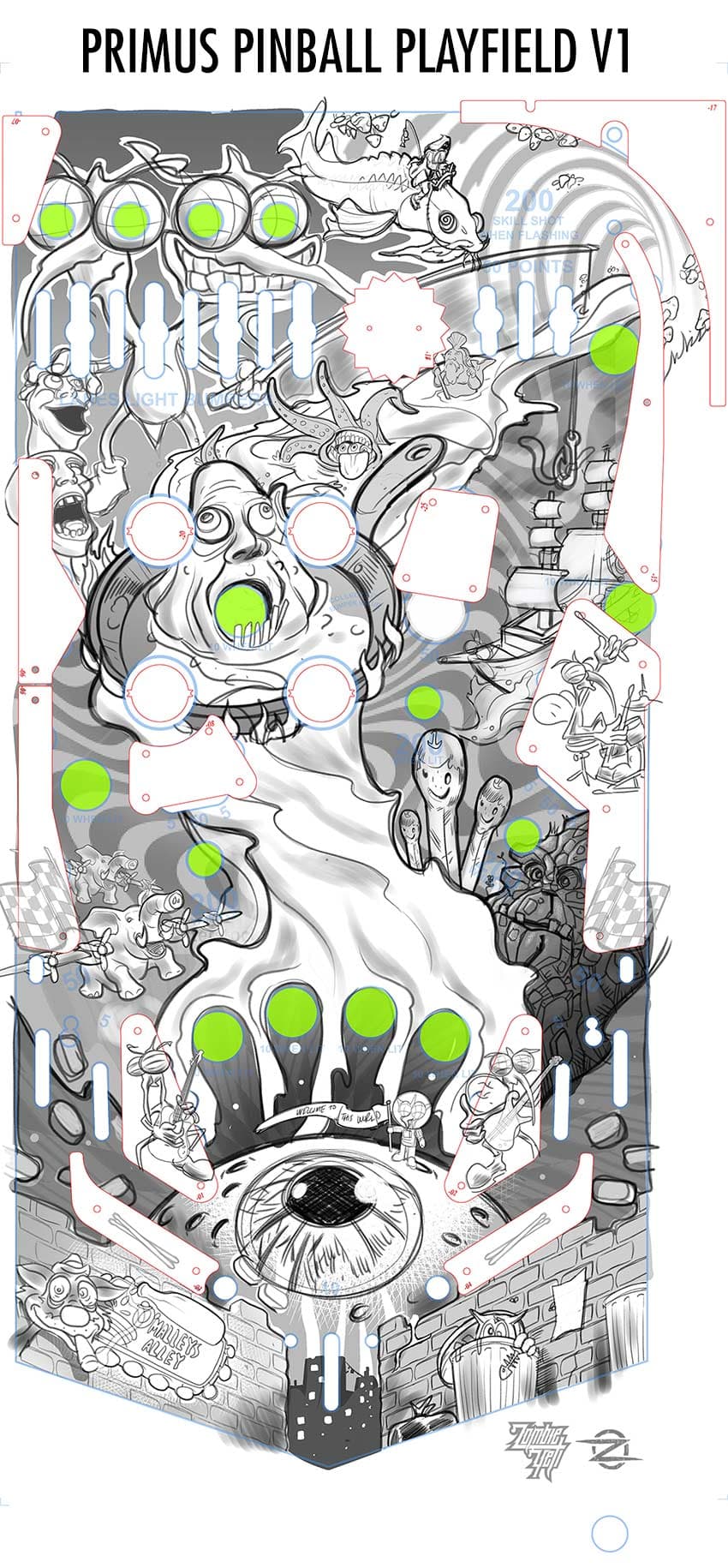 Surreal black and white pinball playfield with green accents and cartoon characters