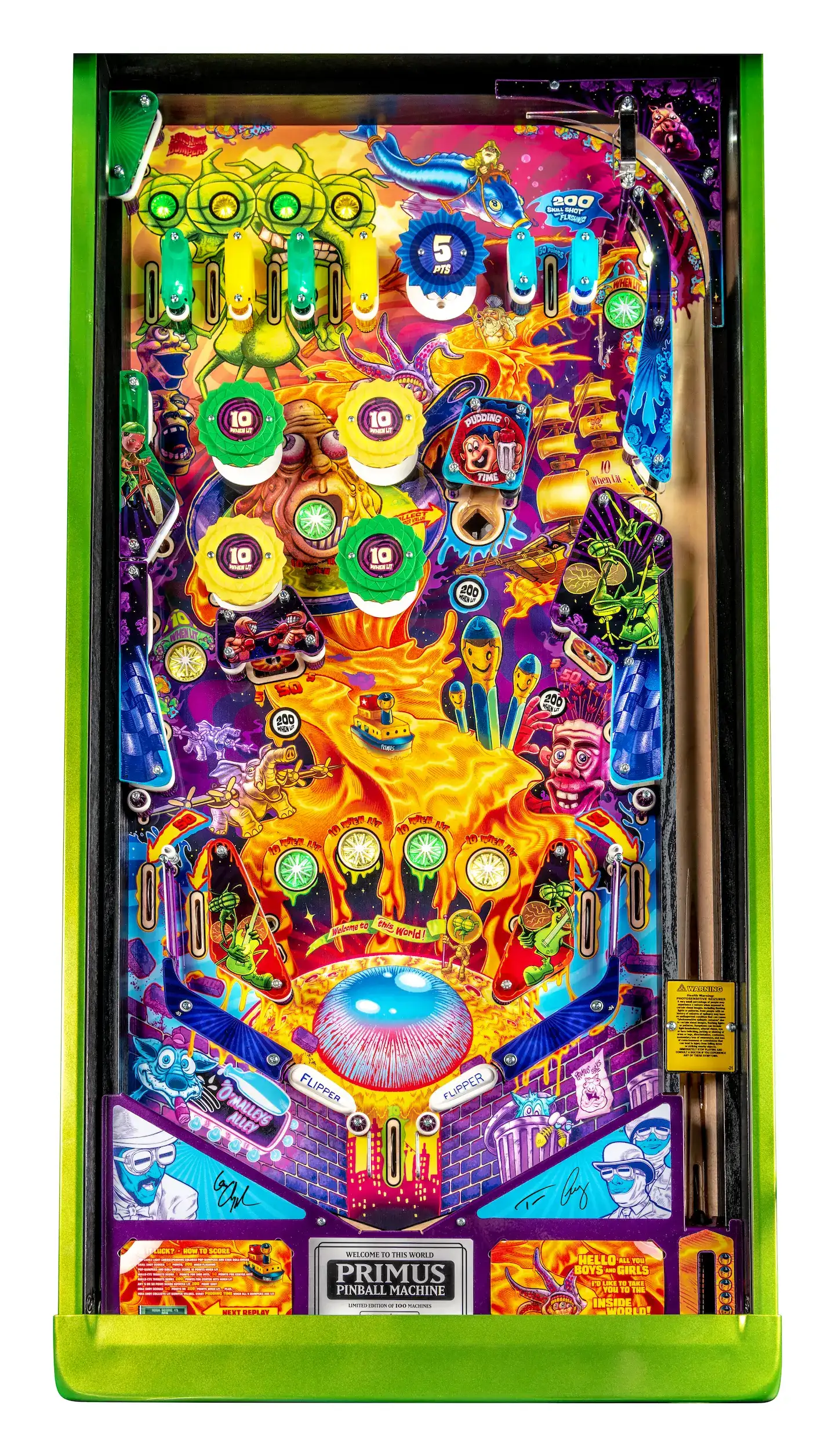 Colorful Primus-themed pinball machine with vibrant, surreal cartoon characters