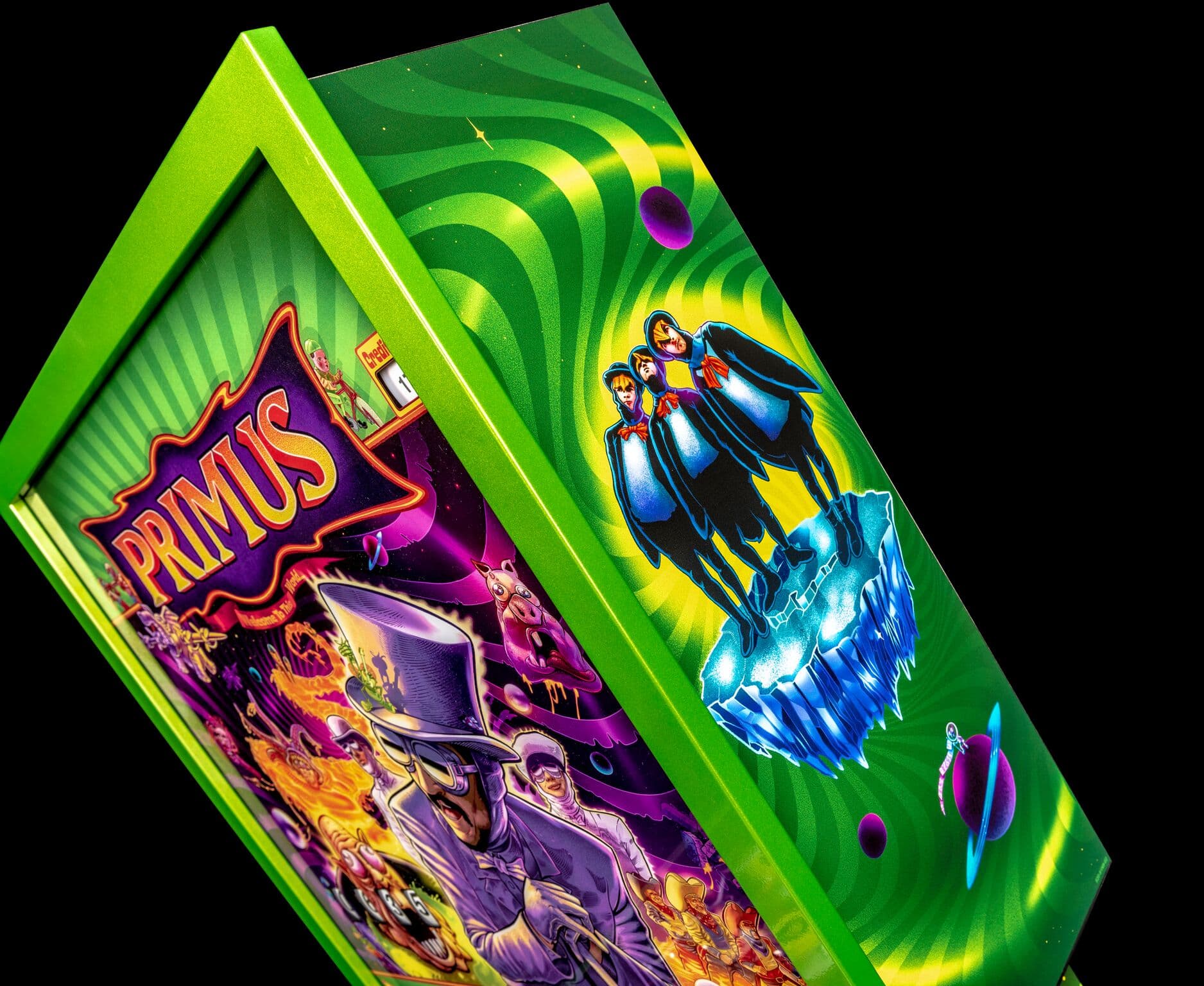 Primus pinball machine with vibrant green and purple psychedelic artwork