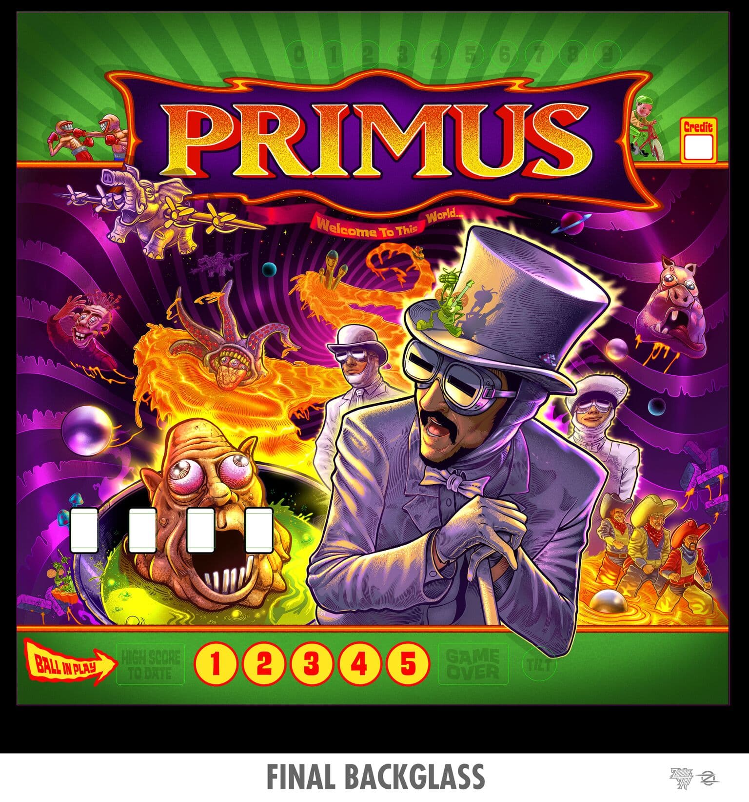 Psychedelic Primus pinball backglass with surreal characters and vibrant colors