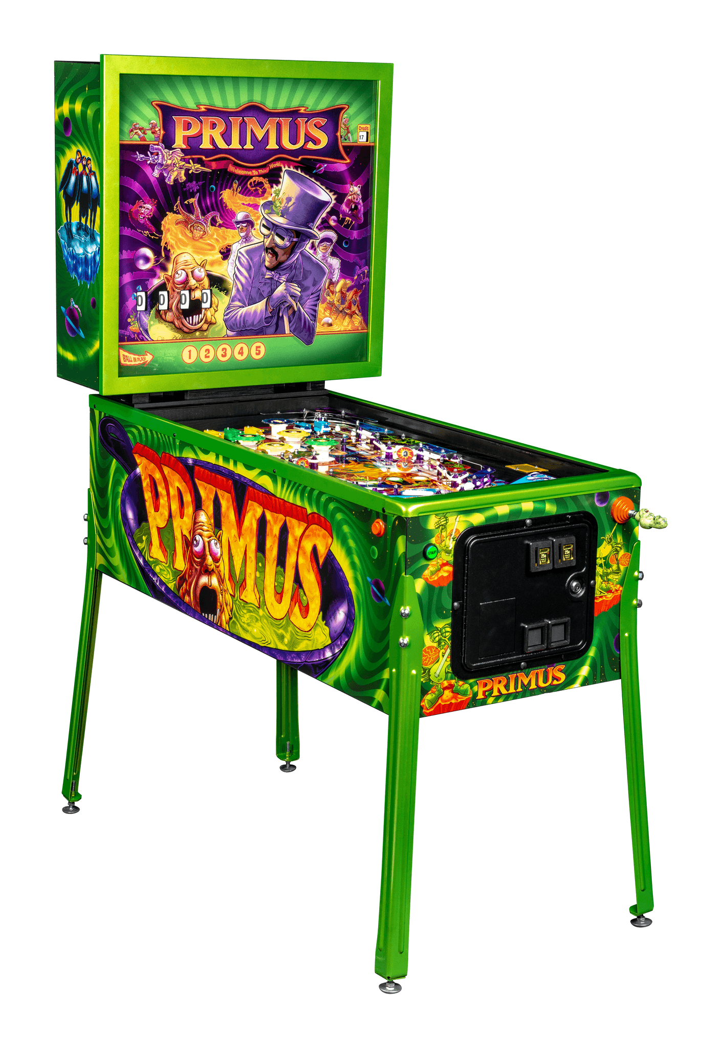 Primus-themed pinball machine with colorful green and purple design