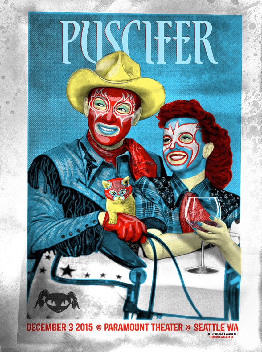 Masked performers with cowboy hat and wine, promotional poster for Puscifer