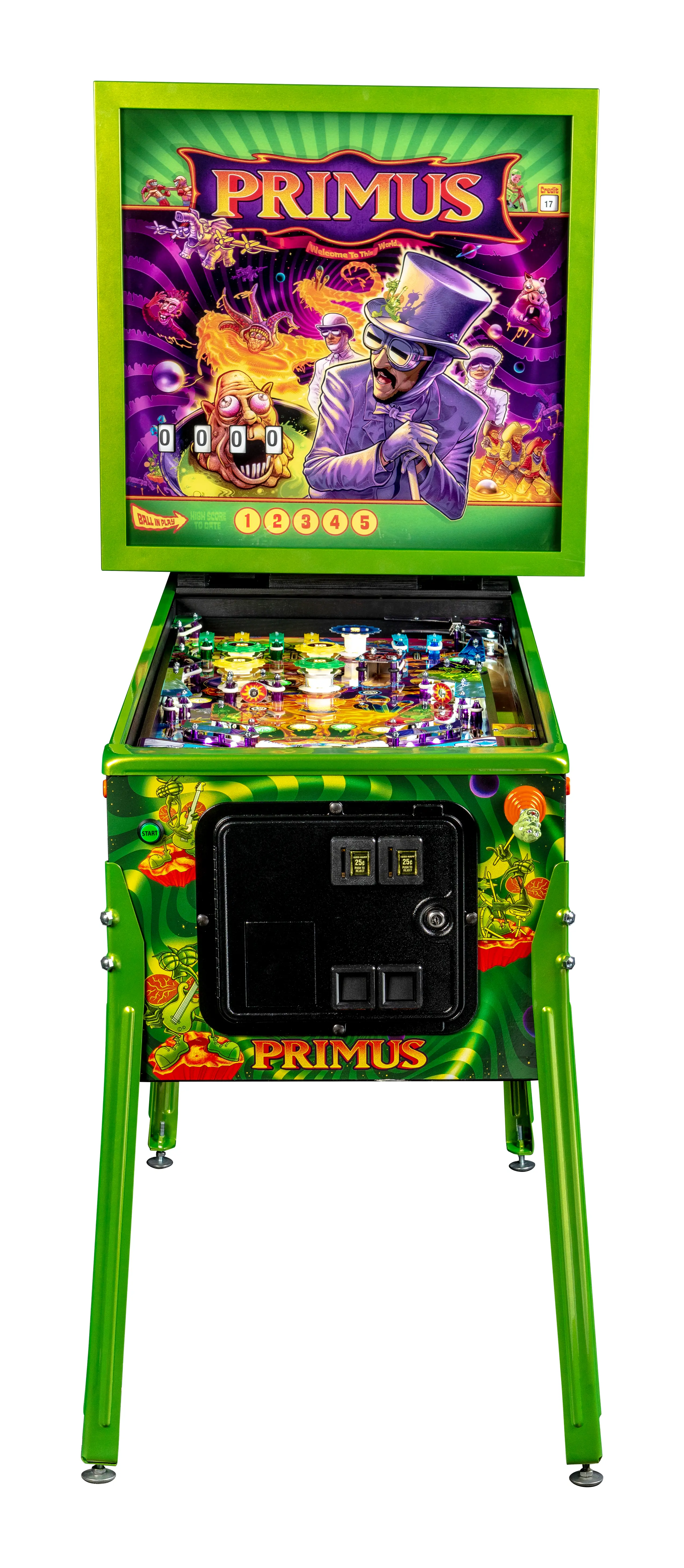Primus-themed pinball machine with colorful, surreal artwork and playfield