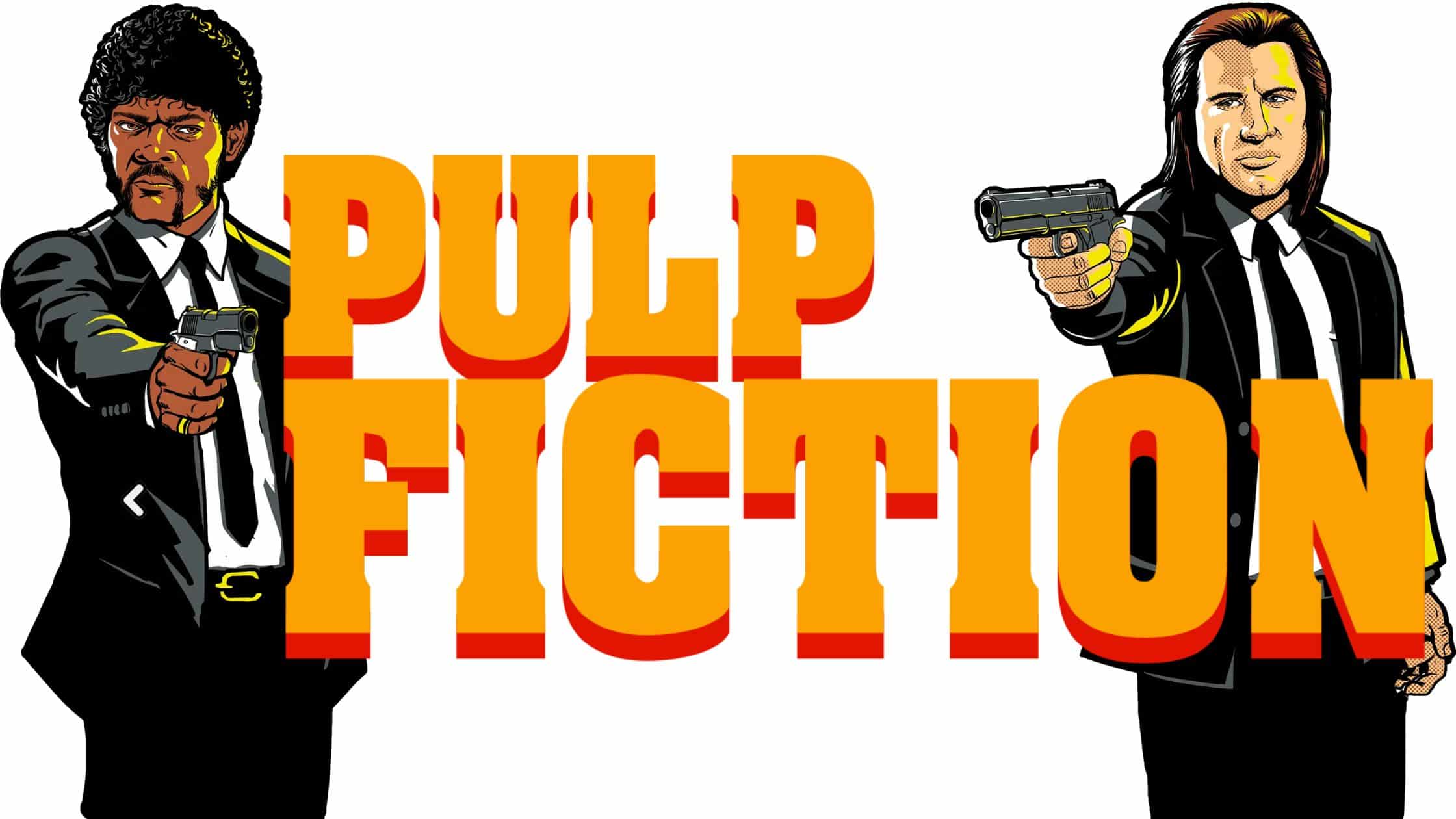 Pulp Fiction movie poster with two characters pointing guns