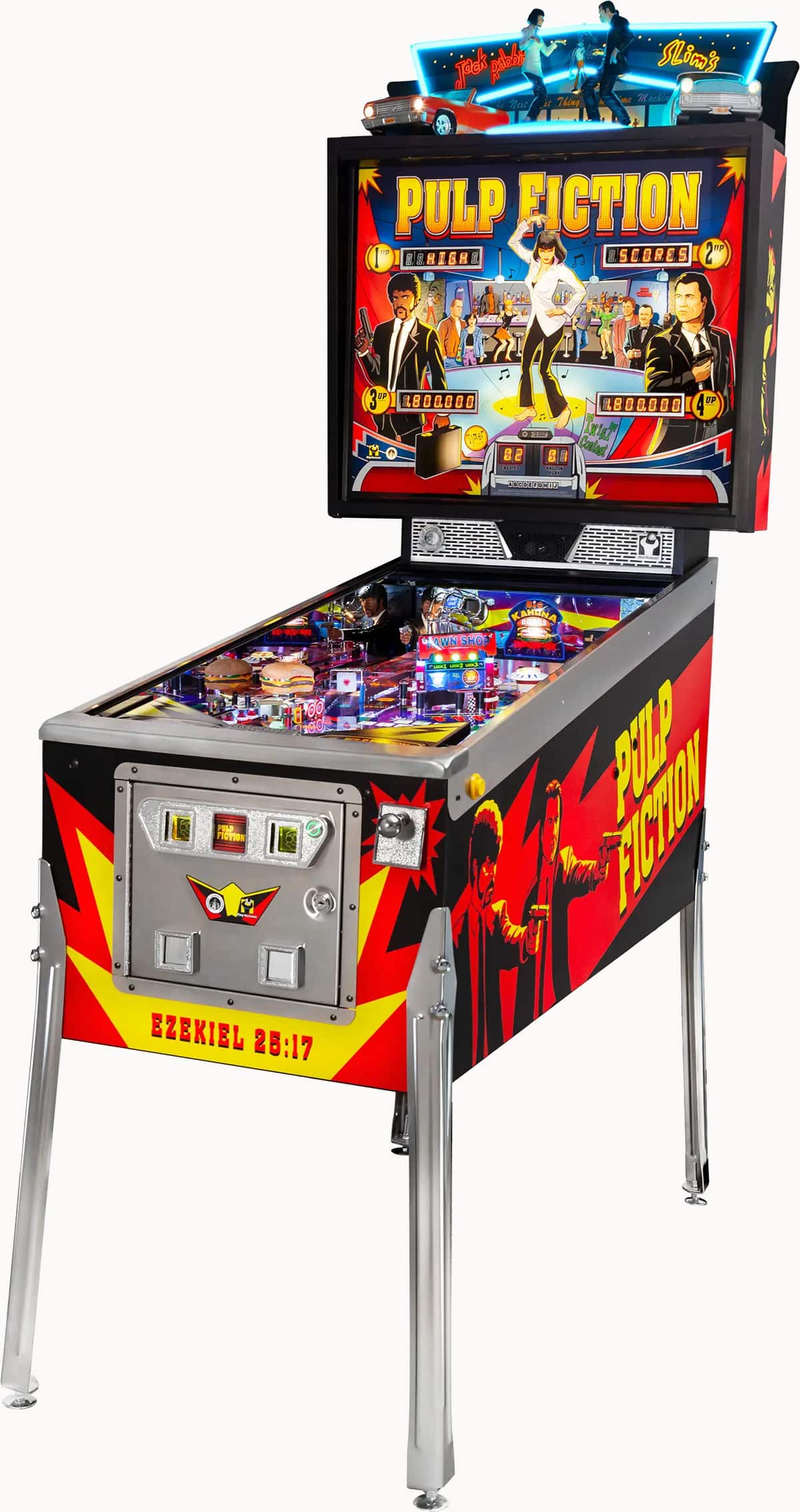 Pulp Fiction themed pinball machine with colorful retro arcade design