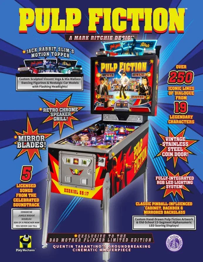 Pulp Fiction pinball machine with colorful design and movie-inspired features