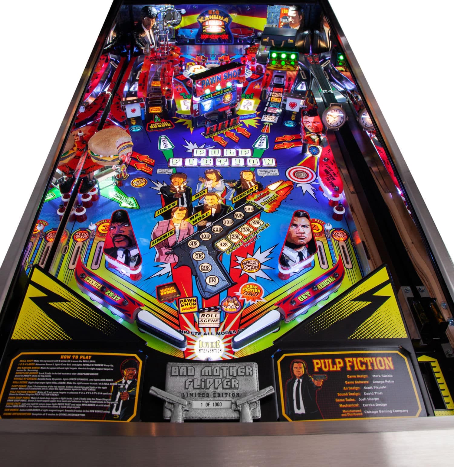 Pulp Fiction-themed pinball machine with colorful playfield and character art