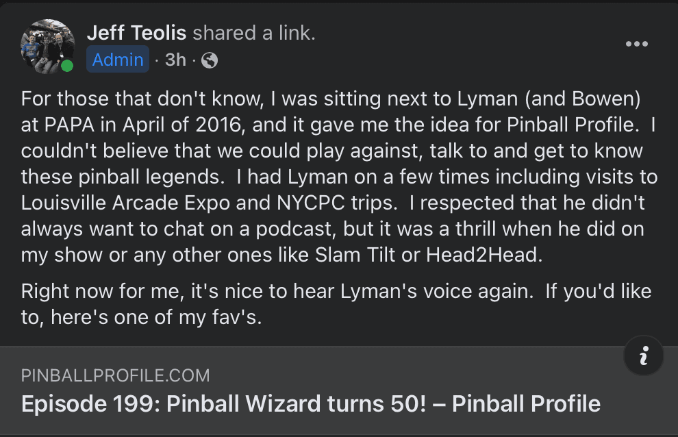 Facebook post about pinball podcast episode with personal reflection