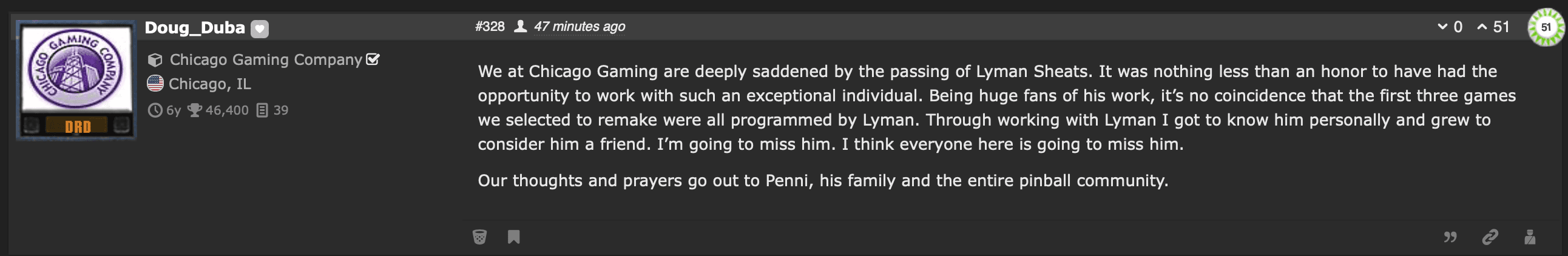 Chicago Gaming Company mourns the passing of Lyman Sheats, pinball programmer