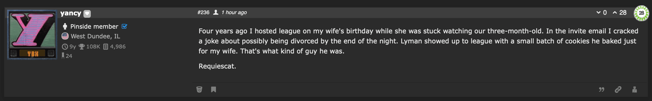 Social media post about hosting league on wife's birthday with thoughtful friend